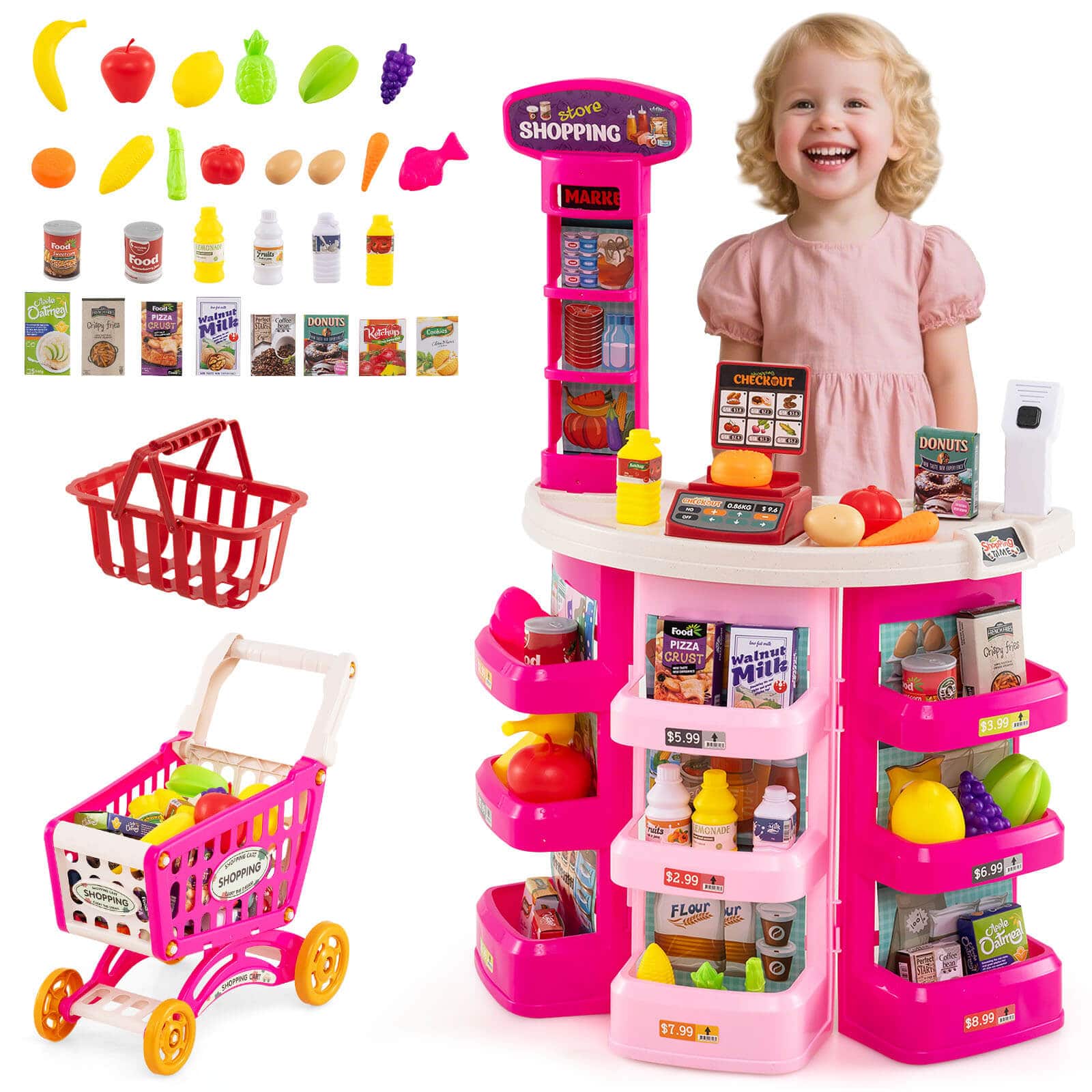 Costway - 76 PCS Pretend Play Grocery Store Set with Shopping Cart Scale Scanner Light Sound - Pink