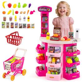 Costway - 76 PCS Pretend Play Grocery Store Set with Shopping Cart Scale Scanner Light Sound - Pink