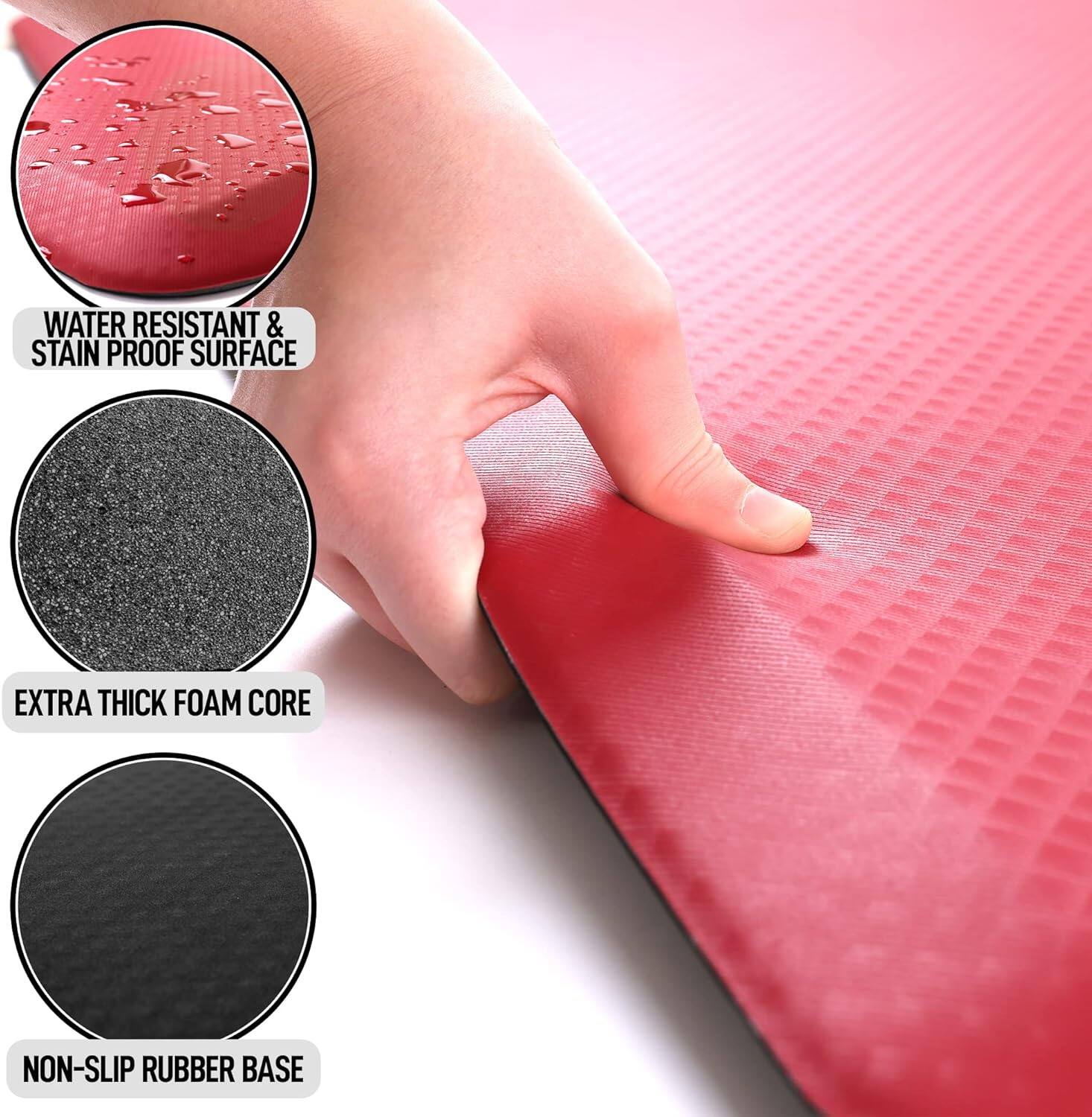 WATER RESISTANT & STAIN PROOF SURFACE  
EXTRA THICK FOAM CORE  
NON-SLIP RUBBER BASE