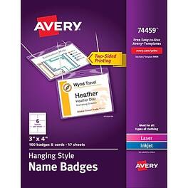 Avery - Hanging Style Laser/Inkjet Name Badge Kit, 3" x 4", Clear Holders with White Inserts, 100/Box - Clear with White Inserts