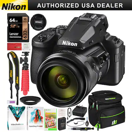 Nikon Authorized USA Dealer
- 64GB 95 MB/s SP U XC I I8 Lexar PROFESSIONAL 633x
- Nikon Camera
- Nikon Strap
- Nikon Lens Hood
- Nikon Lens Cap
- Nikon Screen Guard
- VideoStudio 2019
- PaintShop Pro 2019
- Screen Guard
- Nikon Lens Cleaning Kit
- Nikon Camera Bag