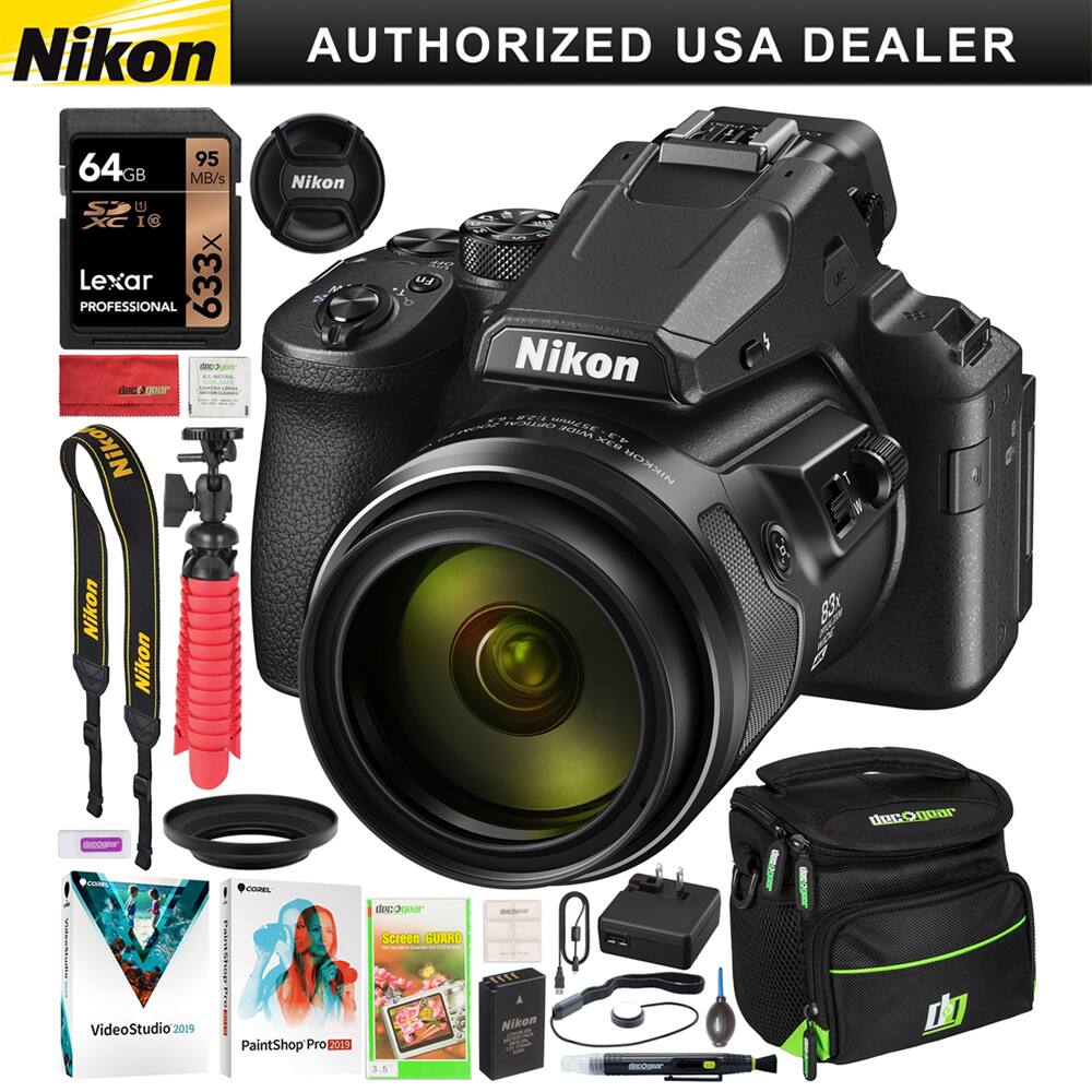Nikon Authorized USA Dealer

- 64GB 95 MB/s SP U XC I I8 Lexar PROFESSIONAL 633x
- Nikon Camera
- Nikon Strap
- Nikon Lens Hood
- Nikon Lens Cap
- Nikon Screen Guard
- VideoStudio 2019
- PaintShop Pro 2019
- Screen Guard
- Nikon Lens Cleaning Kit
- Nikon Camera Bag