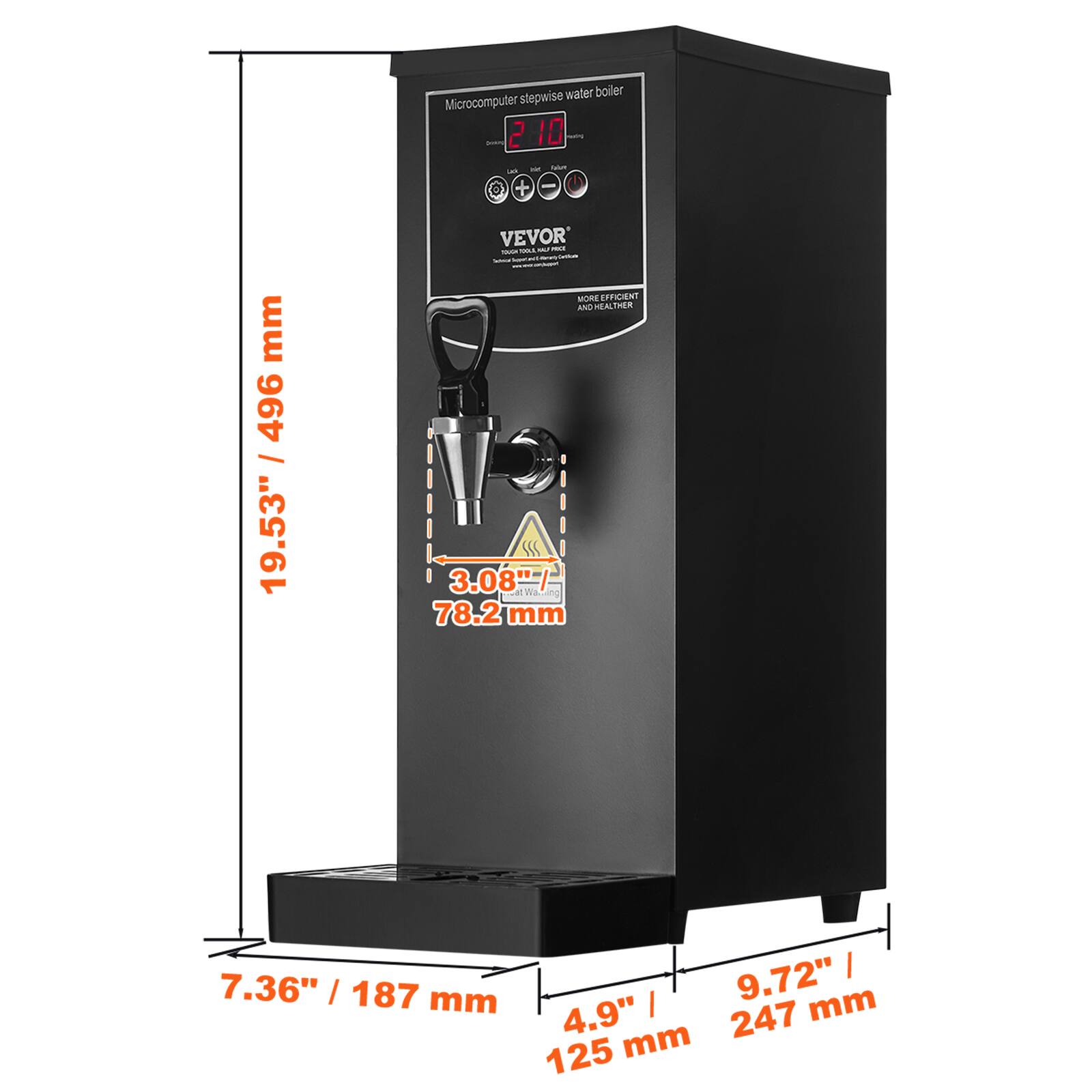 Stepwise water boiler Microcomputer: 2 10 Fature DA +  
mm / 496 19.53"  
VEVOR HIST TOUGHTOOLIL ANCE Submical SuperiesEdierarlyDebtate MORE! EFFICIENT AND HEALTHIER 3.08' 78.2 mm  
7.36" | 187 mm 9.72" mm 4,9" mm 247 125