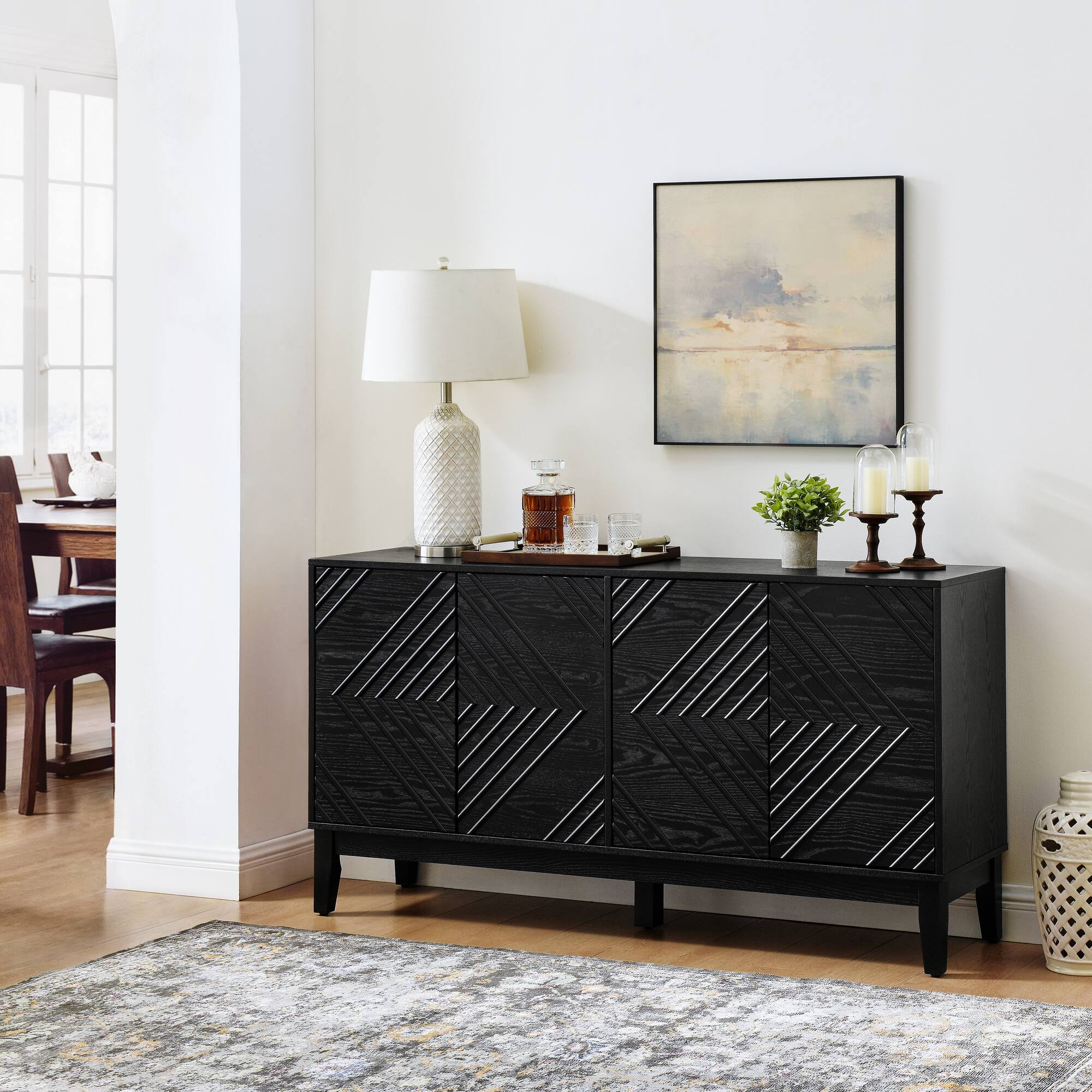 Back. Spaco - Spaco 60.5'' Mid-Century Sideboard, Buffet with Fluted Doors,Geometric Pattern,Adjustable Shelves for Dining Living Room - Black.