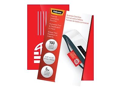 Fellowes Thermal Laminating Pouches  
Business Card Size  
Format carte d'affaires  
Formato de tarjeta comercial  
Pochettes Pour la plastification à chaud  
Bolsas para plastificar en caliente  

100 QUANTITÉ  
QUANTITY  
CANTIDAD  

2.25" x 3.75"  
(57mm x 95mm)  

5 mil  
THICKNESS  
ESPESOR