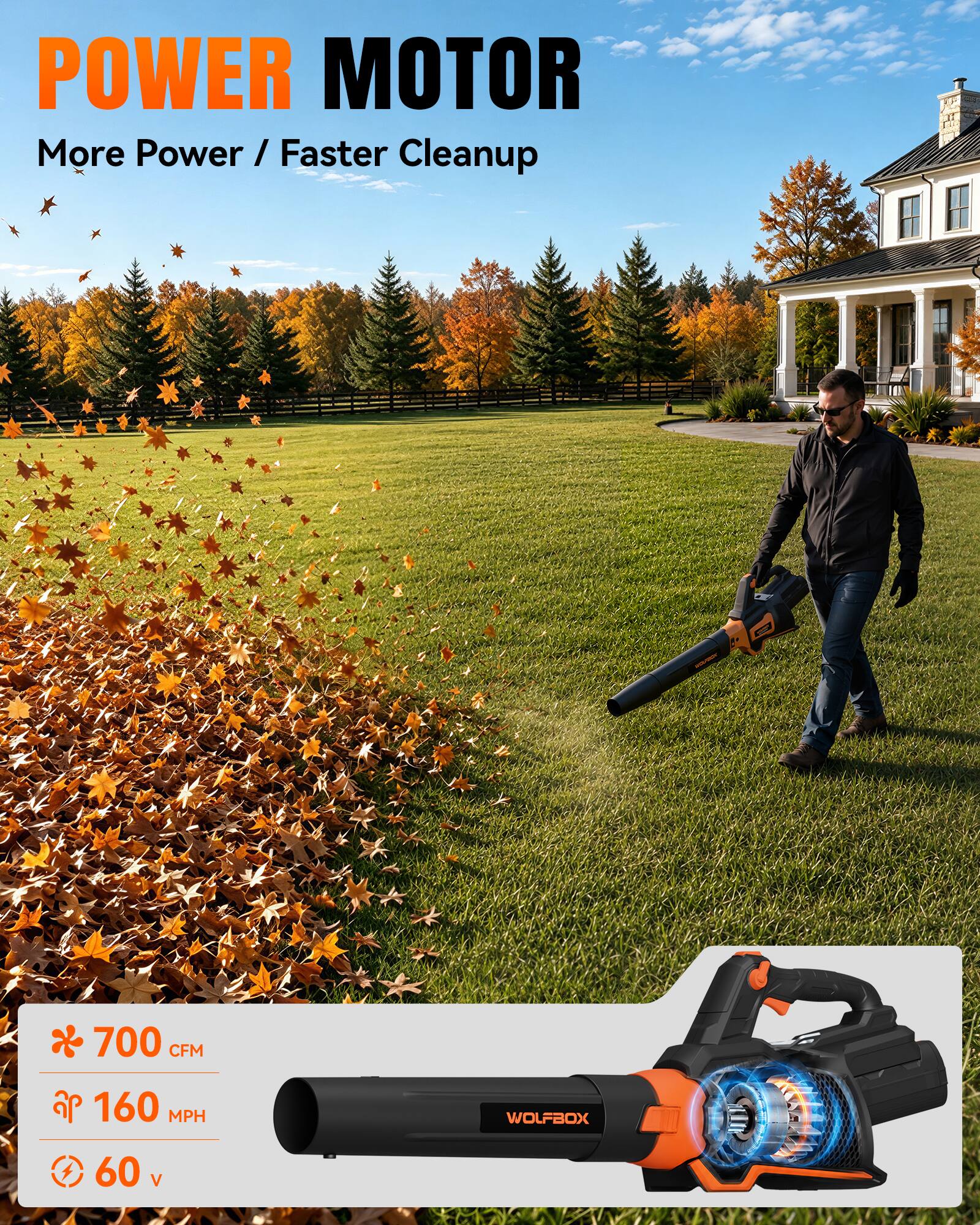 POWER MOTOR  
More Power / Faster Cleanup  

700 CFM  
160 MPH  
60 V  

WOLFBOX