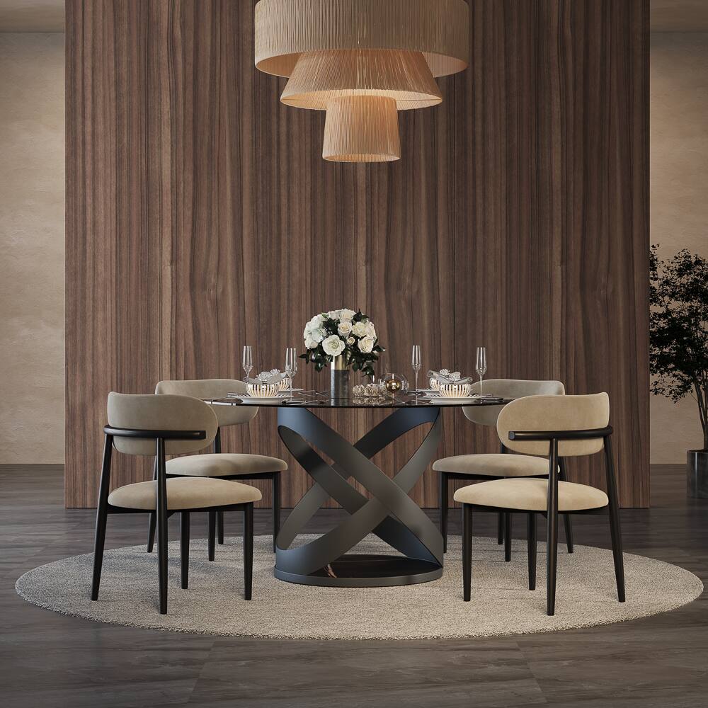 Left. POVISON - 51" Modern Gray Glass Round Dining Table for 4, Smoked Gray Tempered Glass Tabletop with Black X Carbon Steel Base - Smoked Gray Tempered Glass with Black.