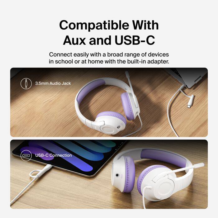 Compatible With Aux and USB-C

Connect easily with a broad range of devices in school or at home with the built-in adapter.

3.5mm Audio Jack

USB-C Connection
