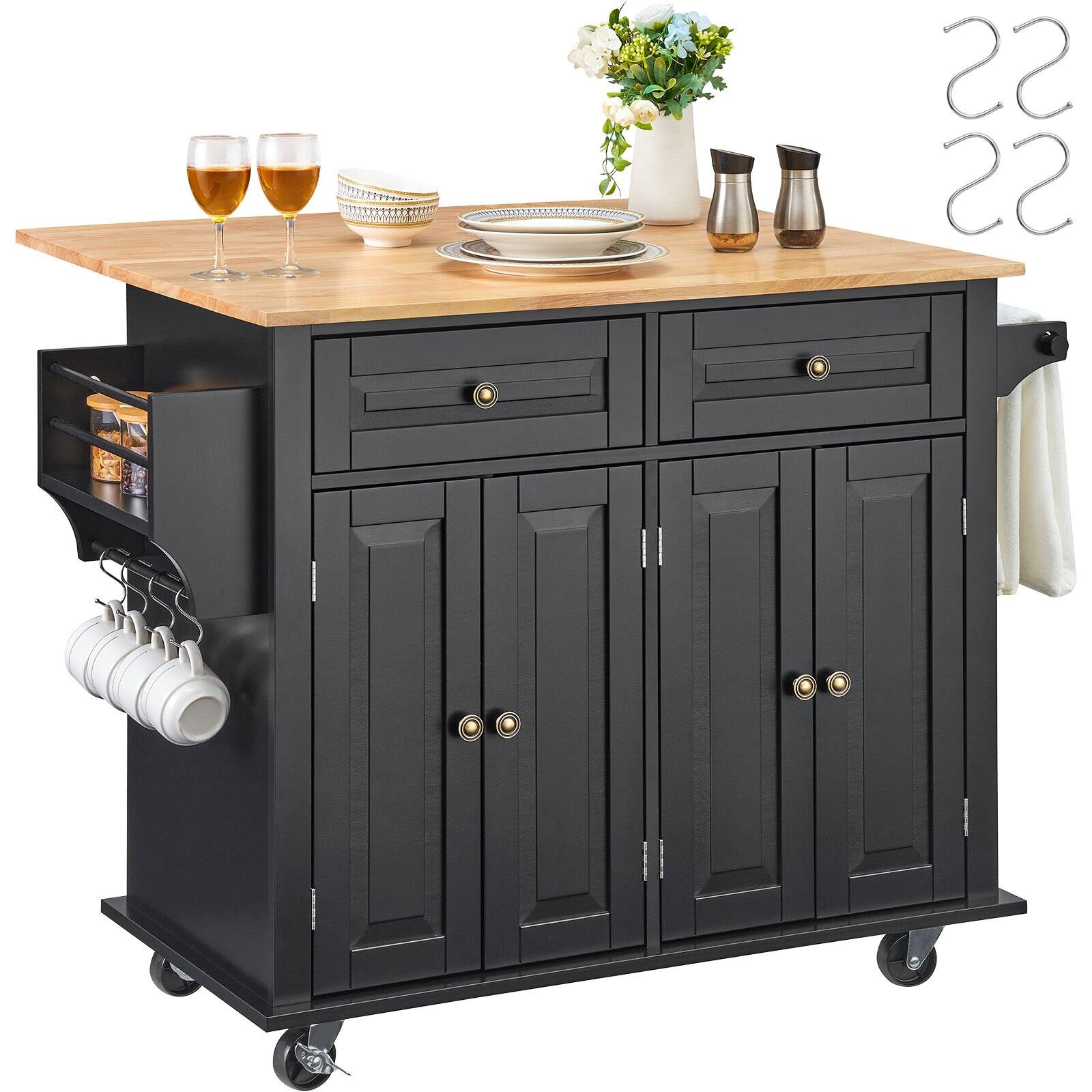 Front. Glintex - Kitchen Island Cart with 43" Wood Top, Mobile Storage Cabinet w/ Drop Leaf, Drawer, Adjustable Shelf, Spice Rack & Hooks - Black.
