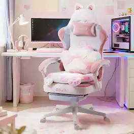 Dowinx - Cute Gaming Chair with Cat Ears and Paw Lumbar Seat Cushion, Ergonomic Computer Chair with Footrest & Headrest - Rainbow