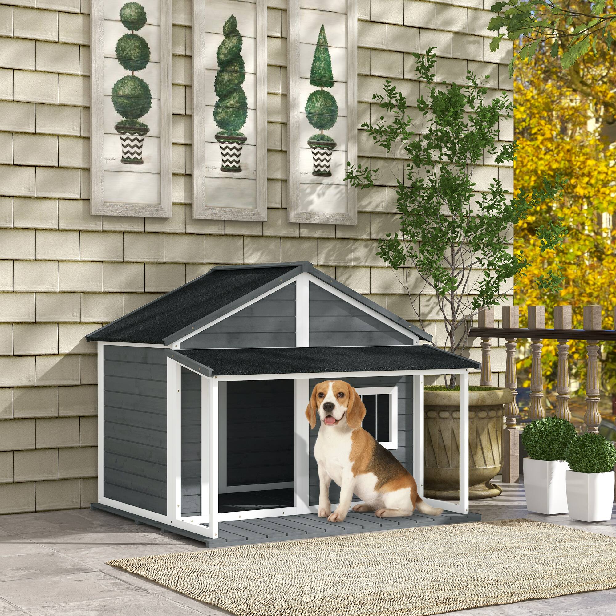 Angle. Pawhut - Outdoor Dog House Cabin Style, Wooden Raised Pet Kennel with Asphalt Roof, Front Door, Side Window, Porch.