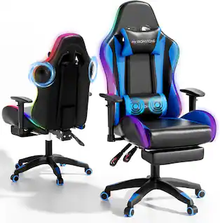 COQOOL - RGB Gaming Chair with Bluetooth Speakers, Ergonomic Gamer Chair with LED Lights, Vibration Lumbar Support - Blue