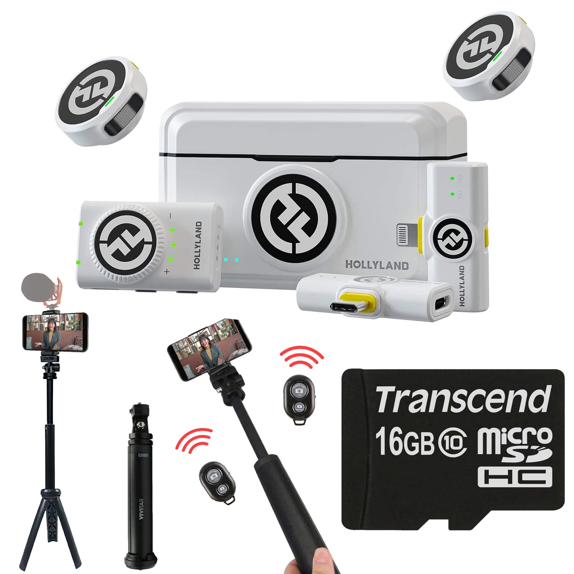 HOLLYLAND - LARK M2 DUO Combo Mic System with Foldable Tripod & 16GB microSD Card - White