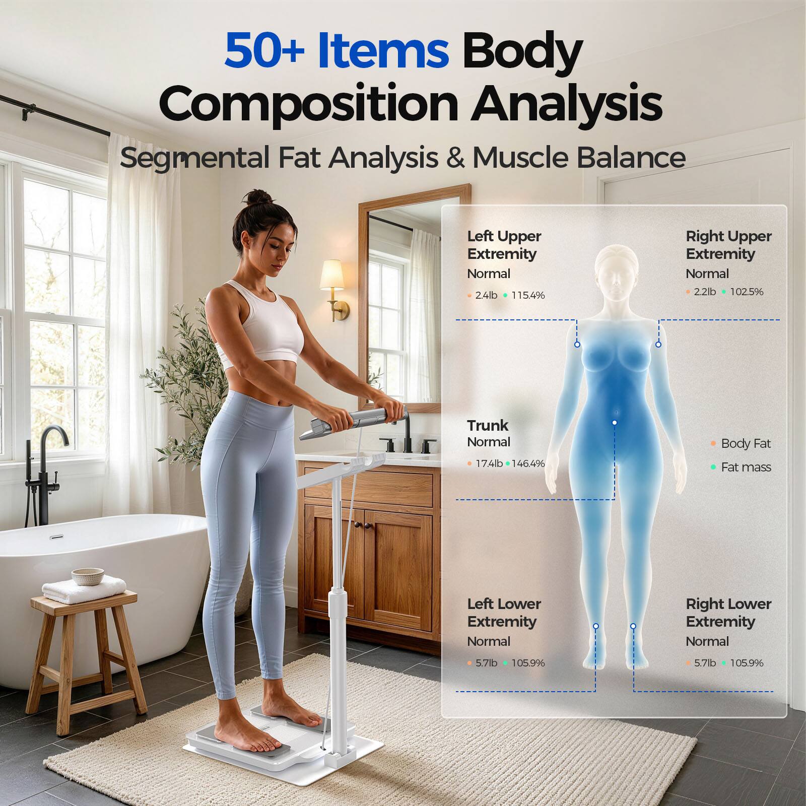 50+ Items Body Composition Analysis Segmental Fat Analysis & Muscle Balance

Left Upper Extremity Normal
Right Upper Extremity Normal
2.4lb 115.4%
2.2lb 102.5%

Trunk Normal 17.4lb 46.4%

Body Fat Fat mass

Left Lower Extremity Normal
Right Lower Extremity Normal
5.7lb 105.9%
5.7lb 105.9%