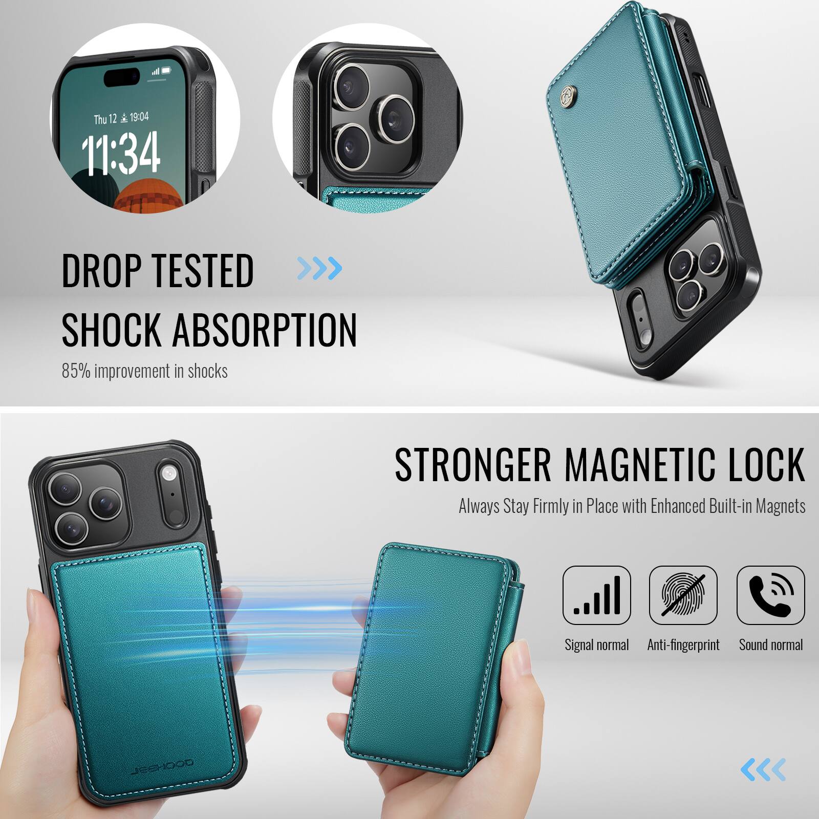 Thu 12 A 19:04 11:34

DROP TESTED >>> SHOCK ABSORPTION  
85% improvement in shocks

STRONGER MAGNETIC LOCK  
Always Stay Firmly in Place with Enhanced Built-in Magnets

Signal normal  
Anti-fingerprint  
Sound normal
