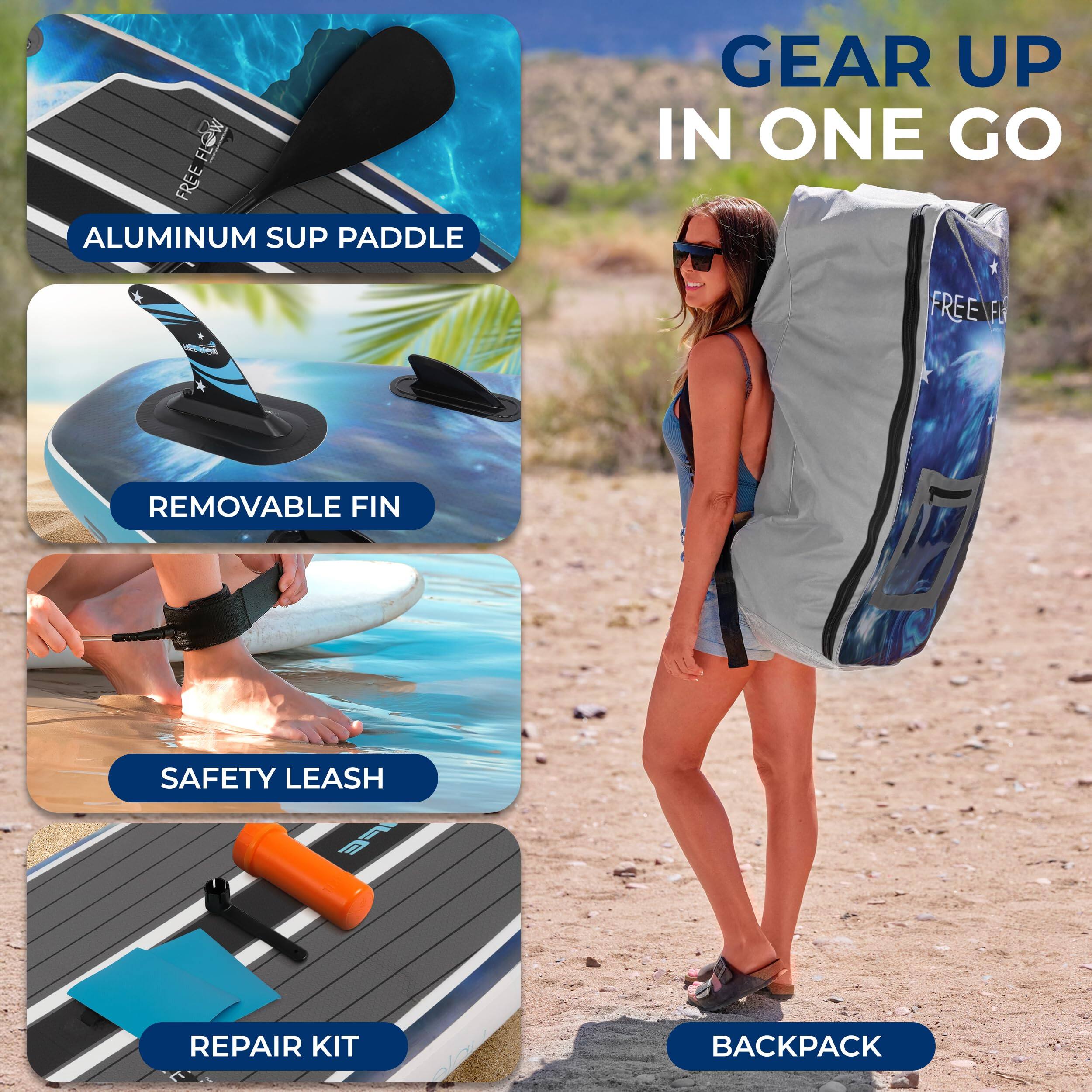 FREE ALUMINUM SUP PADDLE  
FREE REMOVABLE FIN  
FREE SAFETY LEASH  
FREE REPAIR KIT  
FREE BACKPACK  

GEAR UP IN ONE GO
