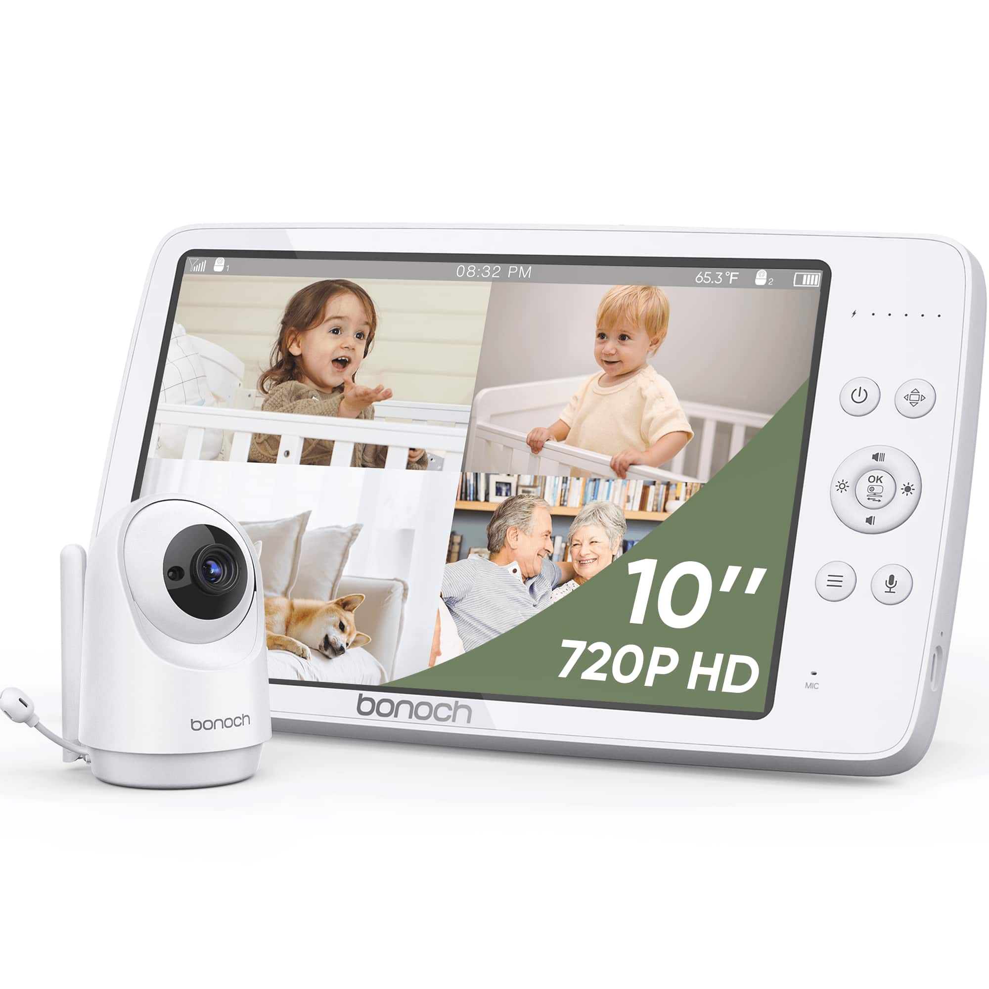 bonoch - Baby Monitor No WiFi 10 inch 720P with Camera and Audio VOX Mode Remote PTZ Night Vision - White