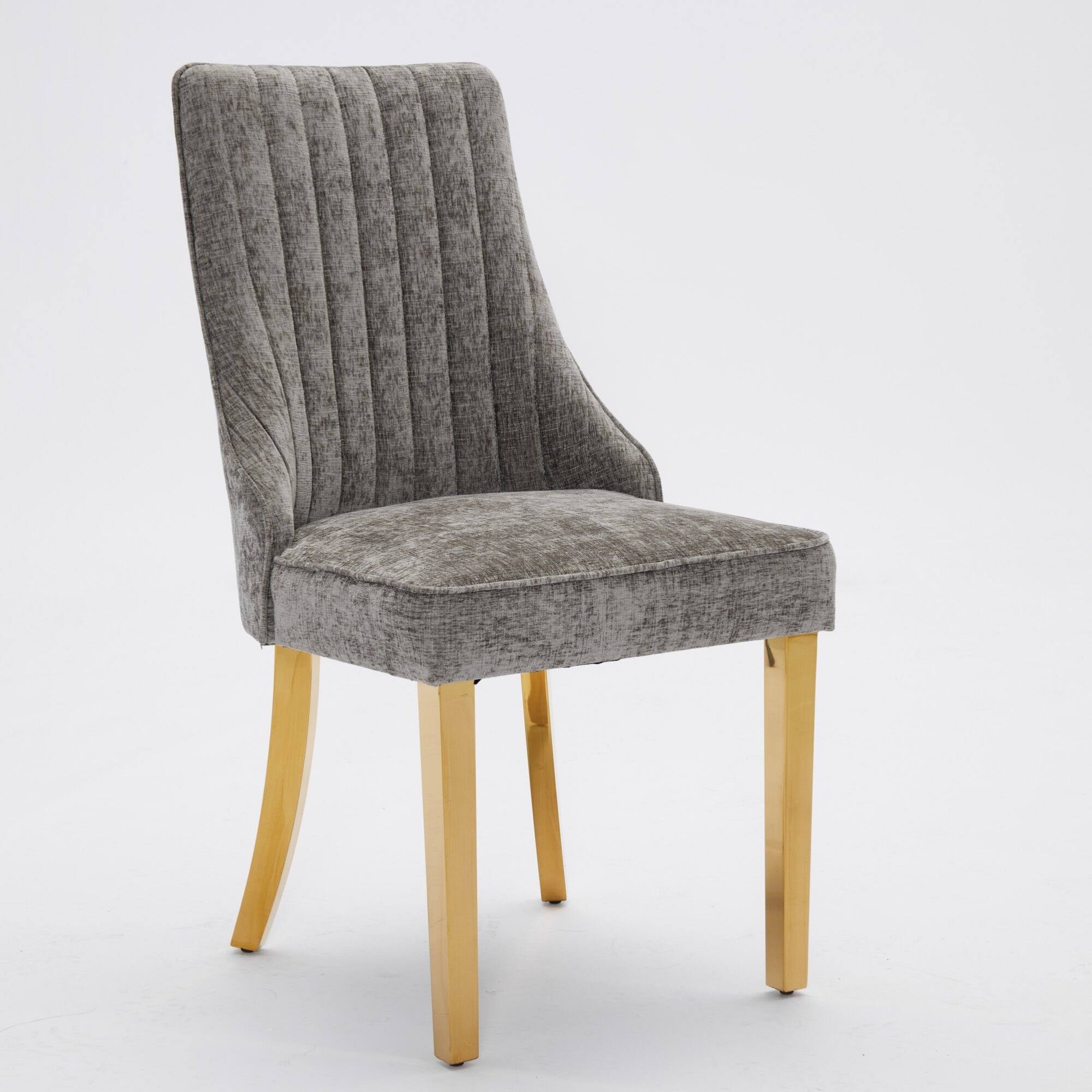 Left. GOODSILO - Luxury Chenille Fabric Upholstered Dining Chairs with Golden Stainless Steel Legs, Set of 2 - Gray.