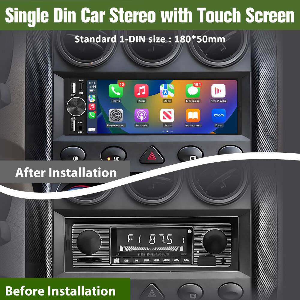 Single Din Car Stereo with Touch Screen  
Standard 1-DIN size: 180*50mm  

After Installation  
Before Installation