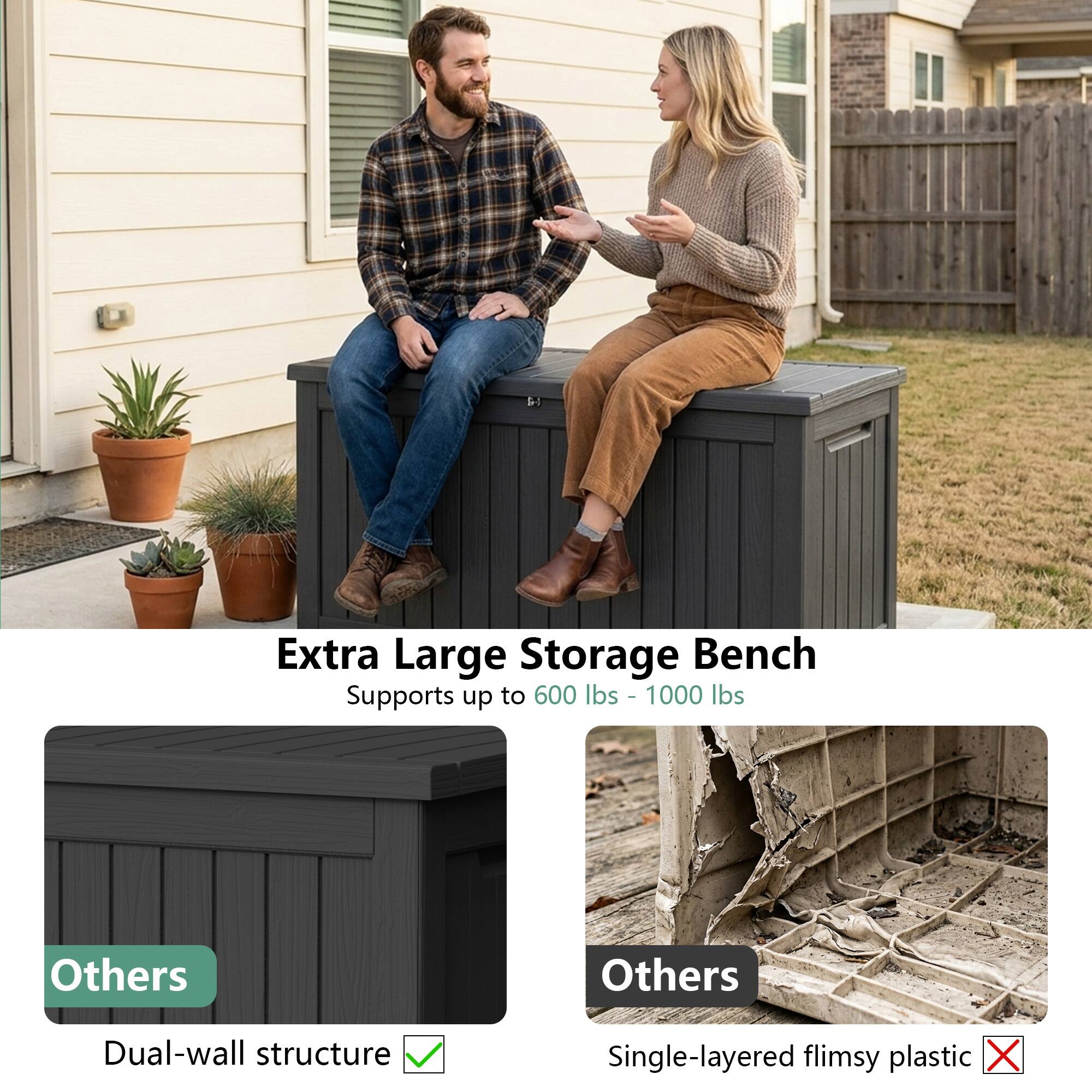 Extra Large Storage Bench Supports up to 600 lbs - 1000 lbs

Others
Others

Dual-wall structure
Single-layered flimsy plastic