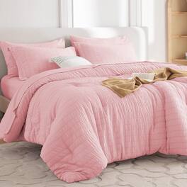 Dazzed Corner - Seersucker 5/7 Pieces Bed in a Bag Comforter Set with Sheets, Pillowcases & Shams - Pink