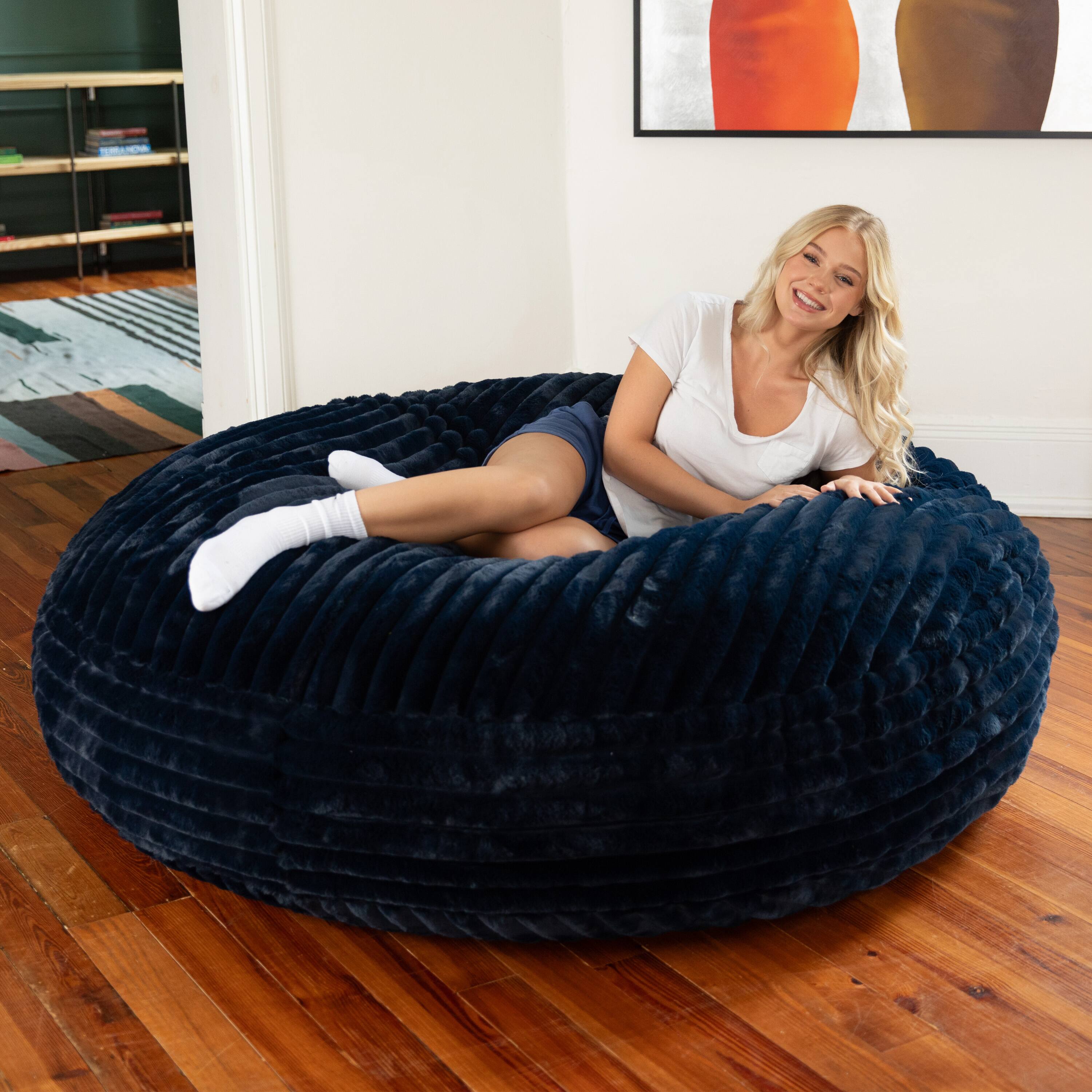 Angle. Jaxx - Jaxx 6 Foot Cocoon 2-in-1 Large Bean Bag Chair for Adults, Mondo Midnight Blue - Mondo Midnight Blue Faux Fur.