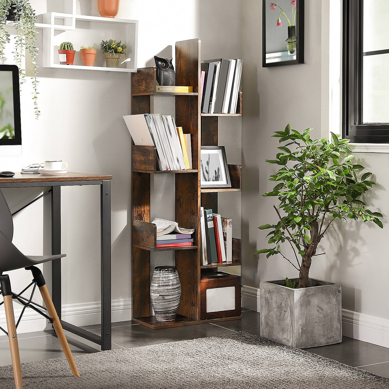 Left. Songmics Home - Bookcase, Tree-Shaped Bookshelf with 8 Storage Shelves, Rounded Corners - Rustic Brown.