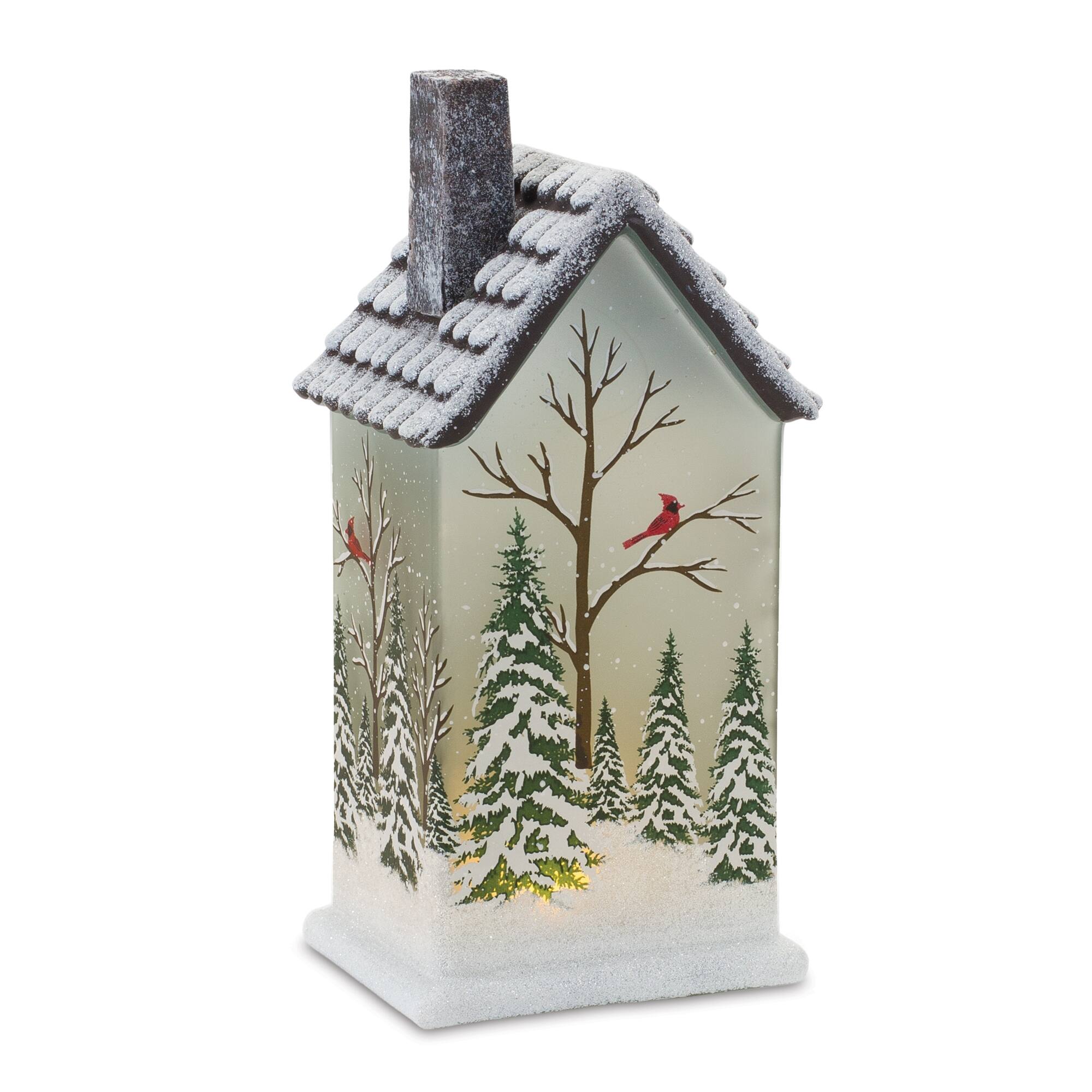 Front. BreeBe - LED Lighted House with Pine Trees (Set of 2) - White, Green, Ice Blue.