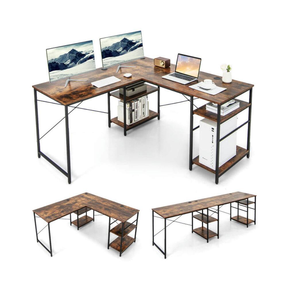 Angle. Kadyn - L Shaped Computer Desk with 4 Storage Shelves and Cable Holes-Rustic Brown, Home Office Desks, Gaming Computer Desks - Brown.