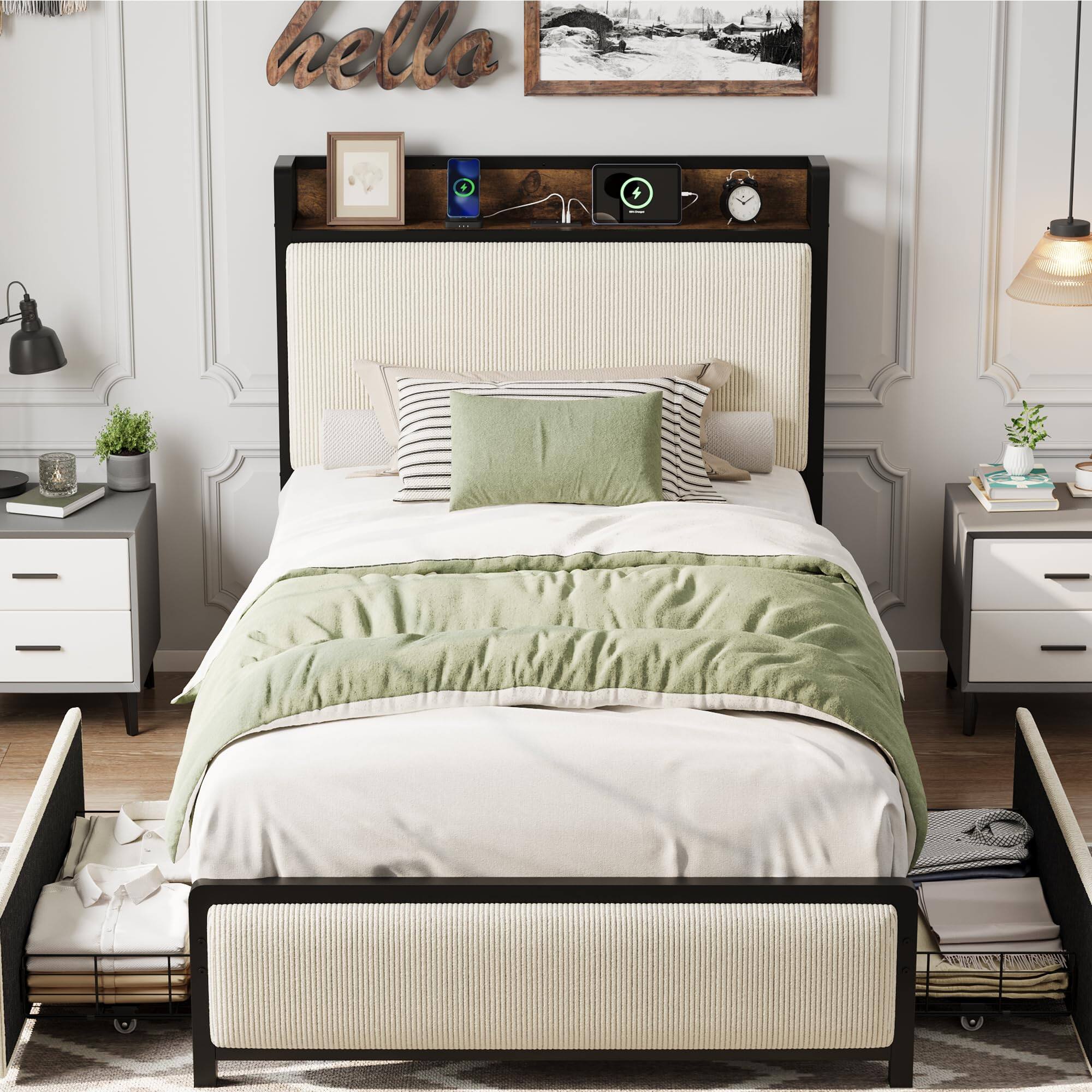 Left. Homhougo - Twin Size Bed Frame with 2 Storage Drawers and Charging Station - Beige.