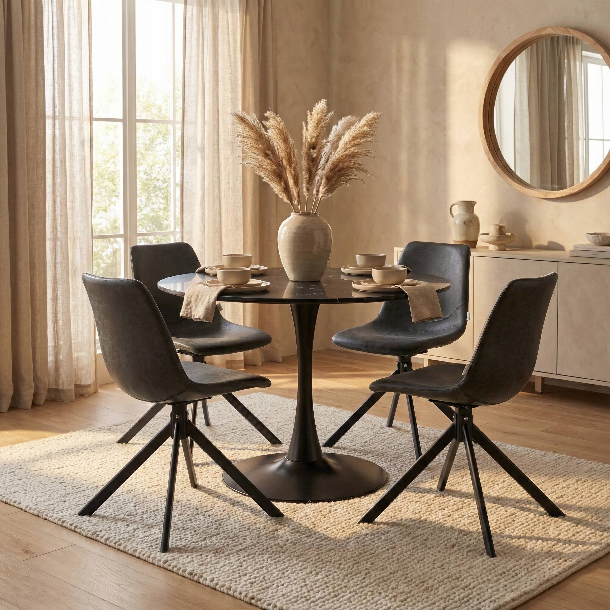 Angle. LeisureMod - Bristol 31" Mid-Century Modern Round Pedestal Dining Table - Glossy MDF/Stone Top for Kitchen & Cafe - MDF - Marbled Black.
