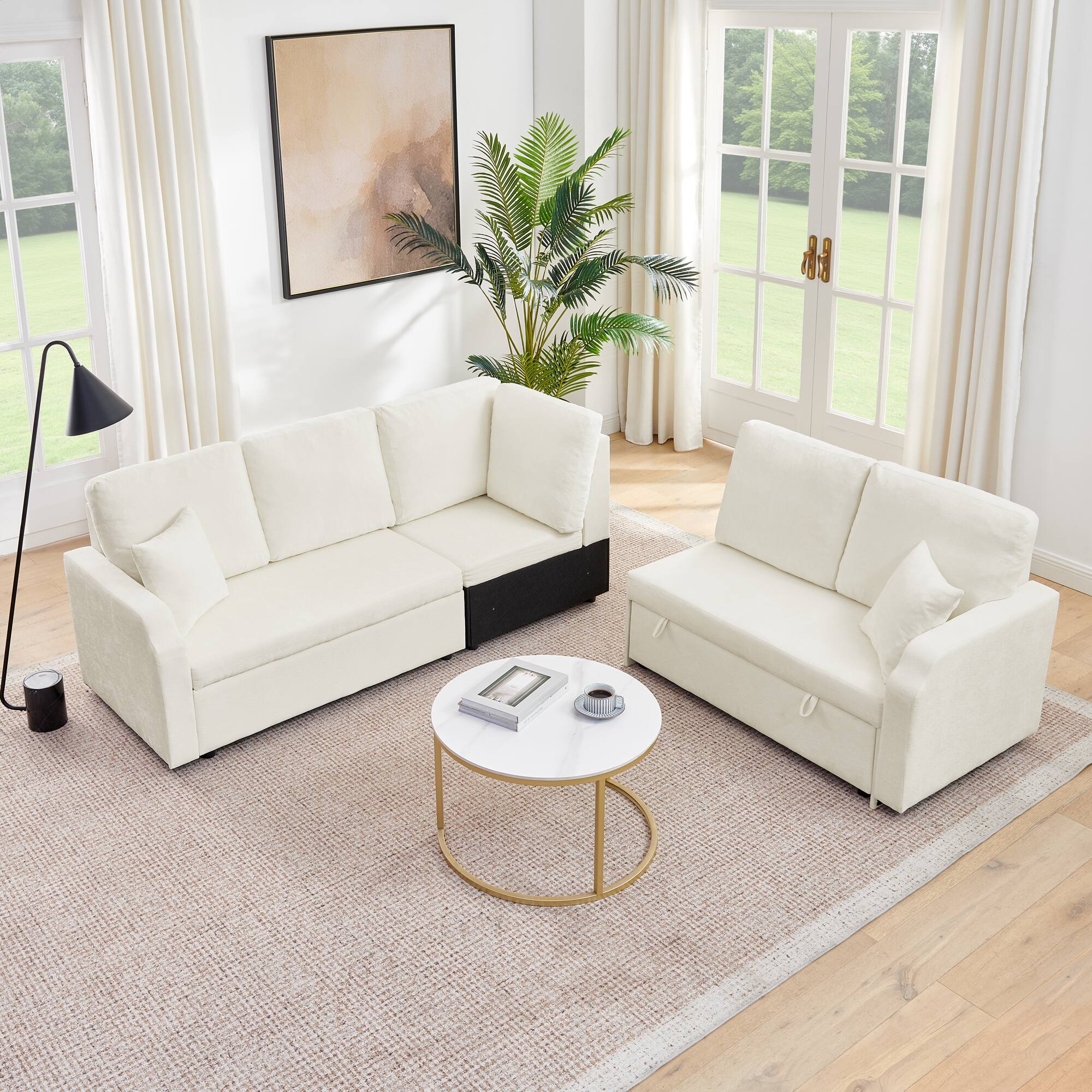 Back. Anysun - 81.2" Modular Chenille Convertible Sectional Sofa with Pull-Out Bed – 5-Seat L-Shaped Sleeper Couch with Hidden Storage - Beige.