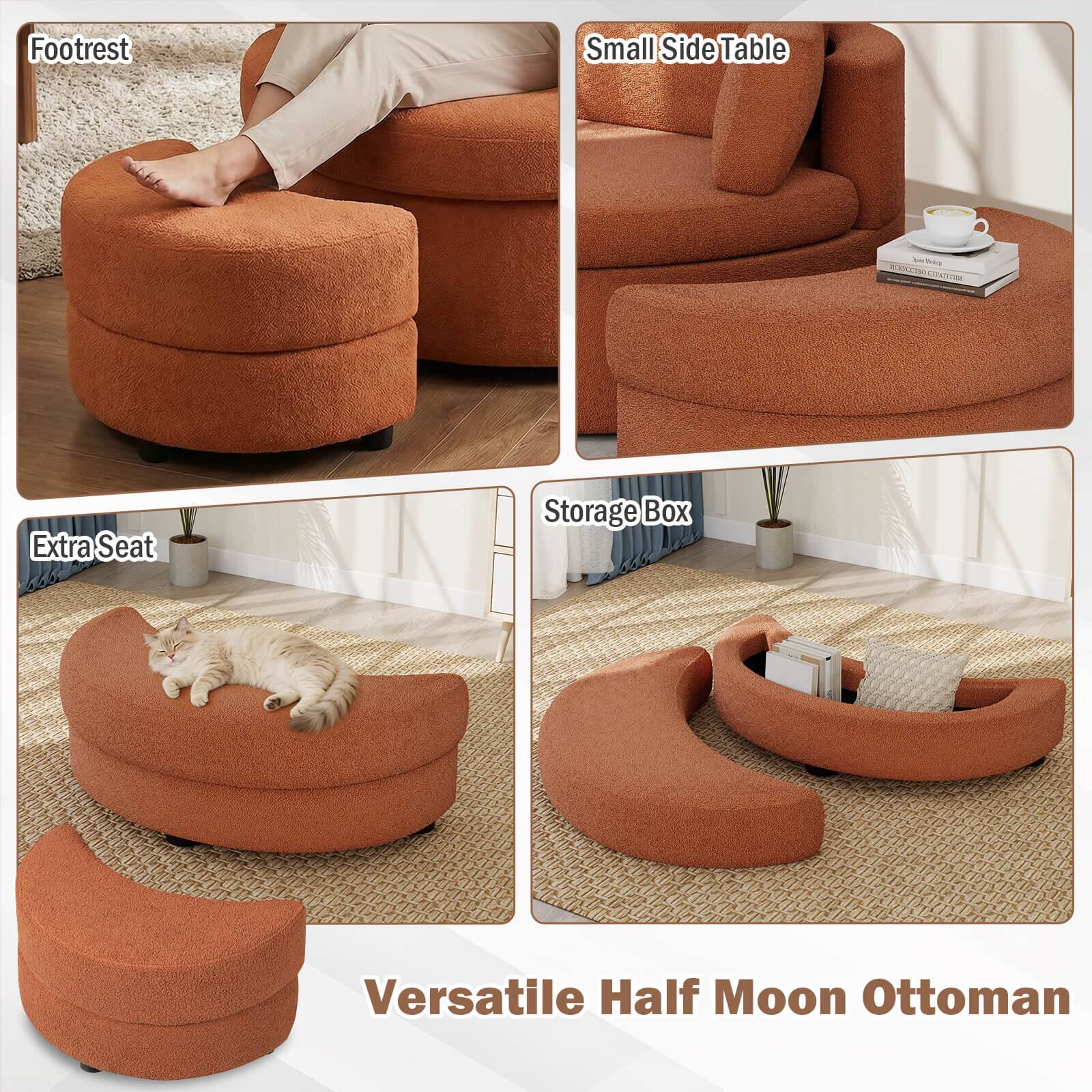 Footrest  
Small Side Table  
Extra Seat  
Storage Box  

Versatile Half Moon Ottoman