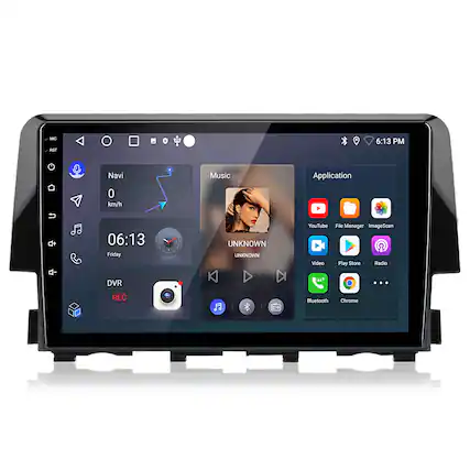 MIC RST 6:13 PM Navi Music Application 0 km/h + 06:13 Friday UNKNOWN UNKNOWN YouTube Video File Manager ImageScan Play Store Radio DVR REC Bluetooth Chrome