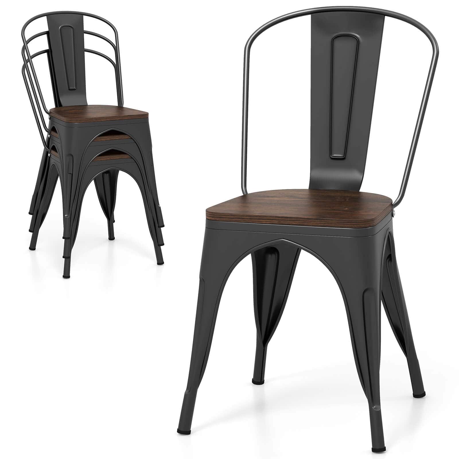 Costway - Tolix Style Metal Dining Chairs Set of 4 with Wood Seat & Removable Backrest - Black price history on PriceWatchPro