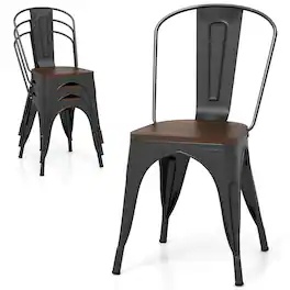 Costway - Tolix Style Metal Dining Chairs Set of 4 with Wood Seat & Removable Backrest - Black