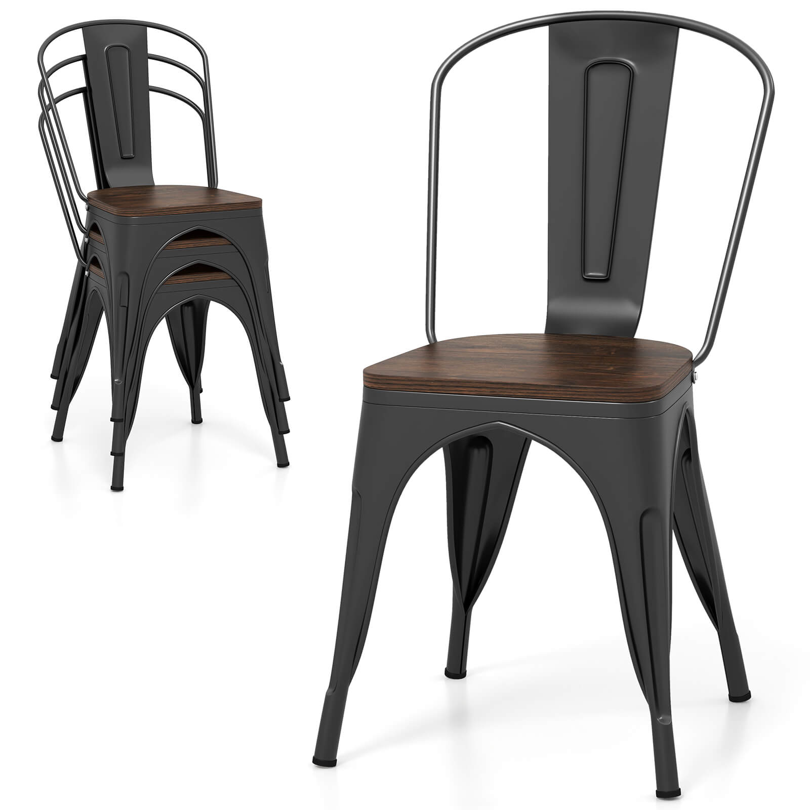 Front. Costway - Costway Tolix Style Metal Dining Chairs Set of 4 with Wood Seat & Removable Backrest - Black.