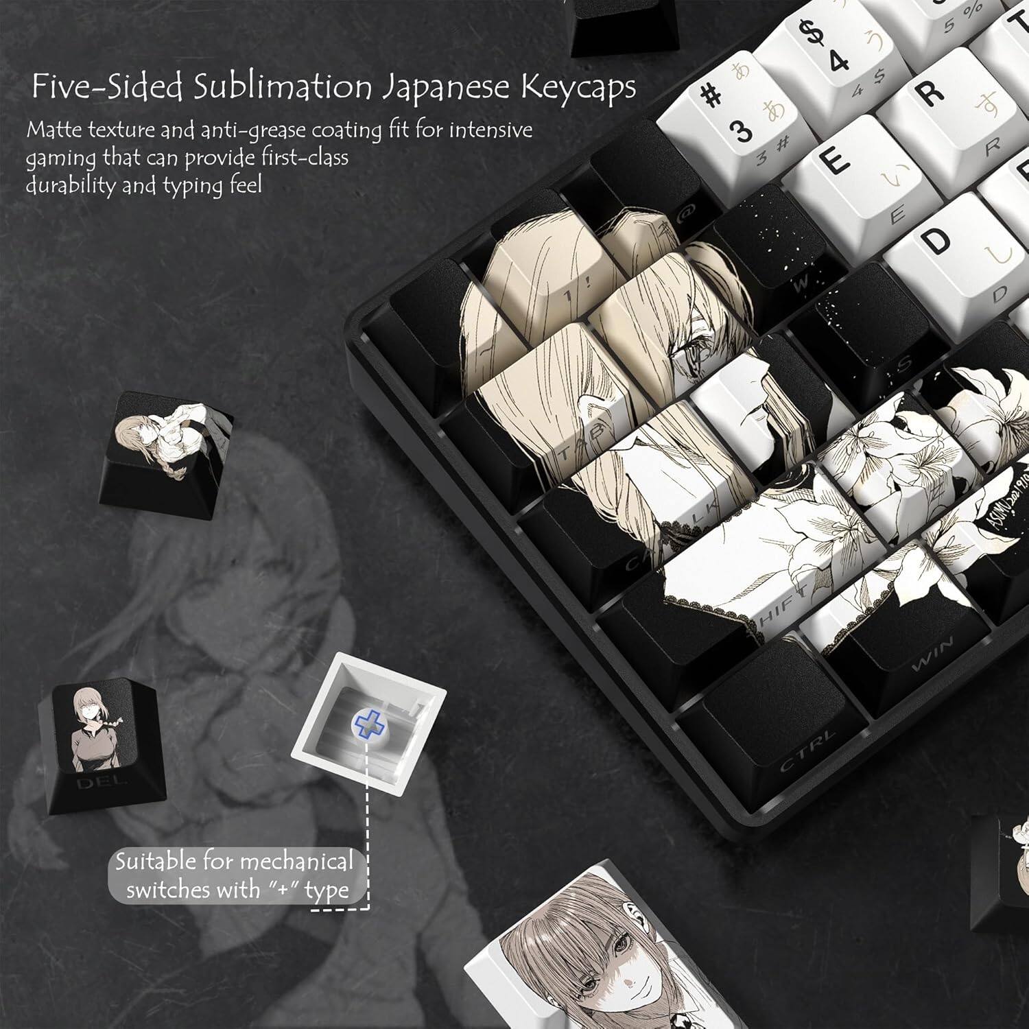 Five-Sided Sublimation Japanese Keycaps

Matte texture and anti-grease coating fit for intensive gaming that can provide first-class durability and typing feel

Suitable for mechanical switches with "+" type