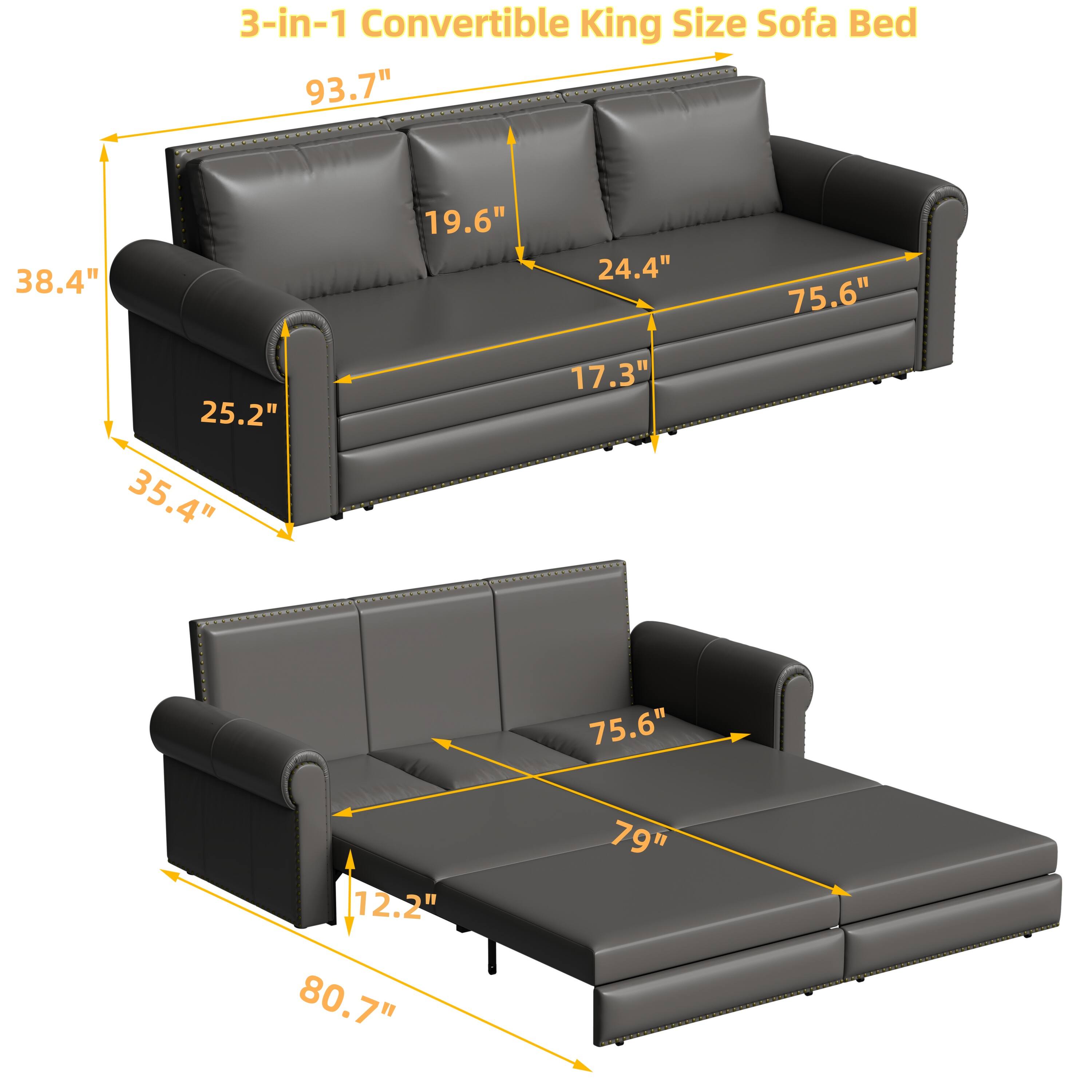 3-in-1 Convertible King Size Sofa Bed  
93.7" x 38.4" x 19.6"  
24.4" x 75.6" x 25.2"  
35.4" x 17.3" x 75.6"  
12.2" x 79" x 80.7"