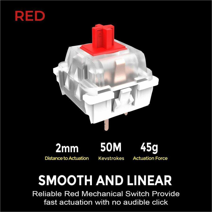 RED  
2mm  
50M  
45g  
Distance to Actuation  
Kevstrokes  
Actuation Force  

SMOOTH AND LINEAR  
Reliable Red Mechanical Switch Provide fast actuation with no audible click