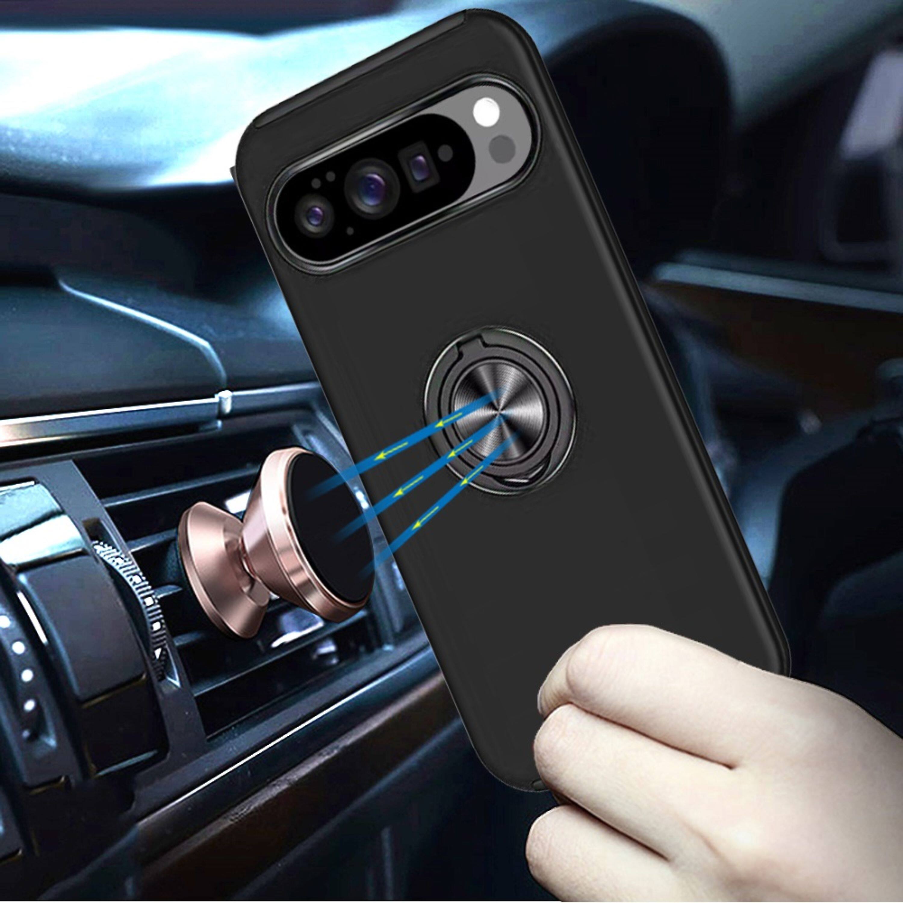 Angle. Kitcheniva - Durable Dual Layer Rubber Ring Holder Protective Case With Tempered Glass For Google Pixel 10/10 Pro Black - Black.