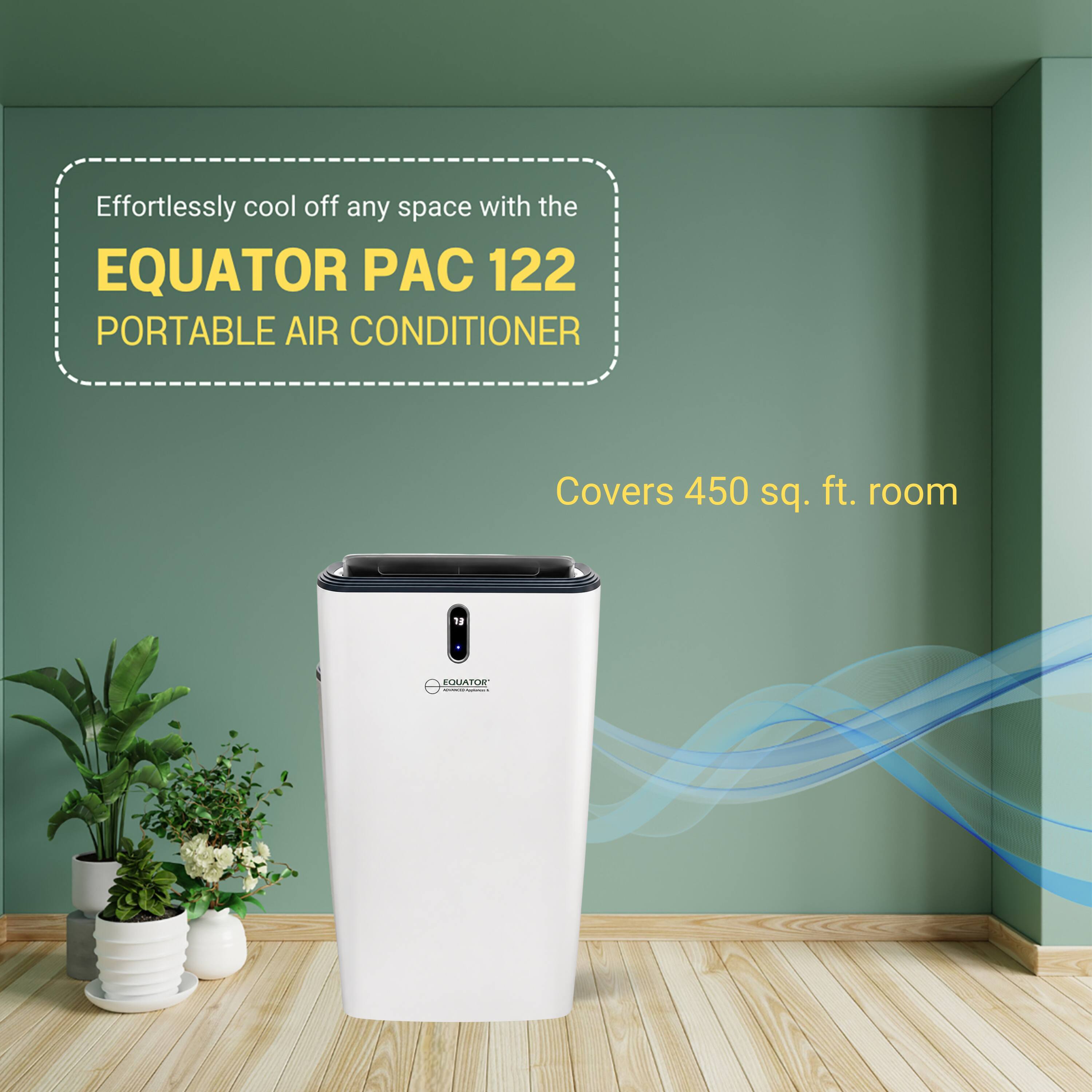 Effortlessly cool off any space with the EQUATOR PAC 122 PORTABLE AIR CONDITIONER. Covers 450 sq. ft. room.