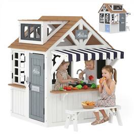 Qaba - Playhouse, Wooden Kids Playhouse with Dog Door, Cookware, Blackboard, Bench - White
