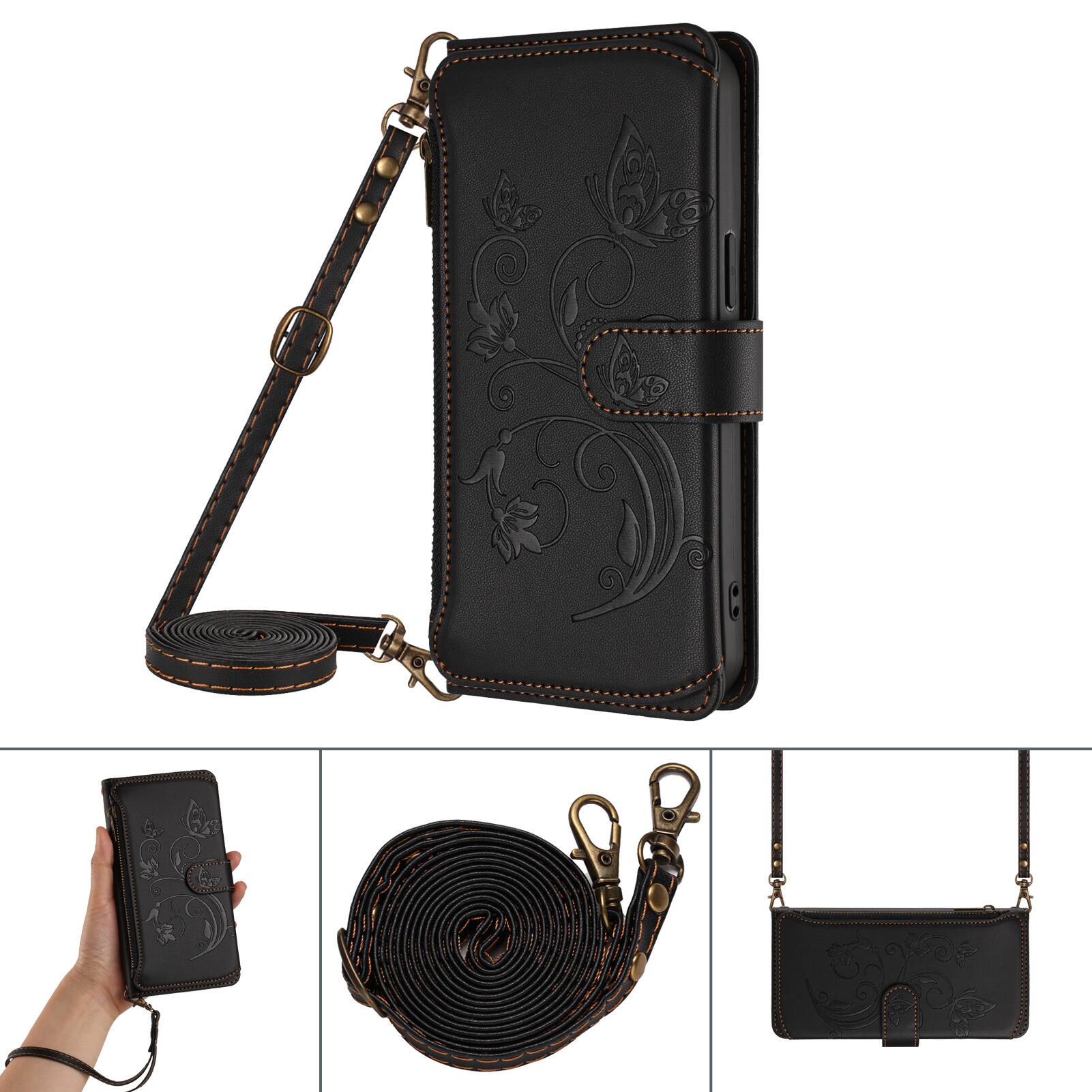 Alt View 4. Dteck - Crossbody Wallet Case for Samsung Galaxy S25+/S25 Plus,Embossed Butterfly Flower Folio Cover with Zipper Pocket+Strap - Black.