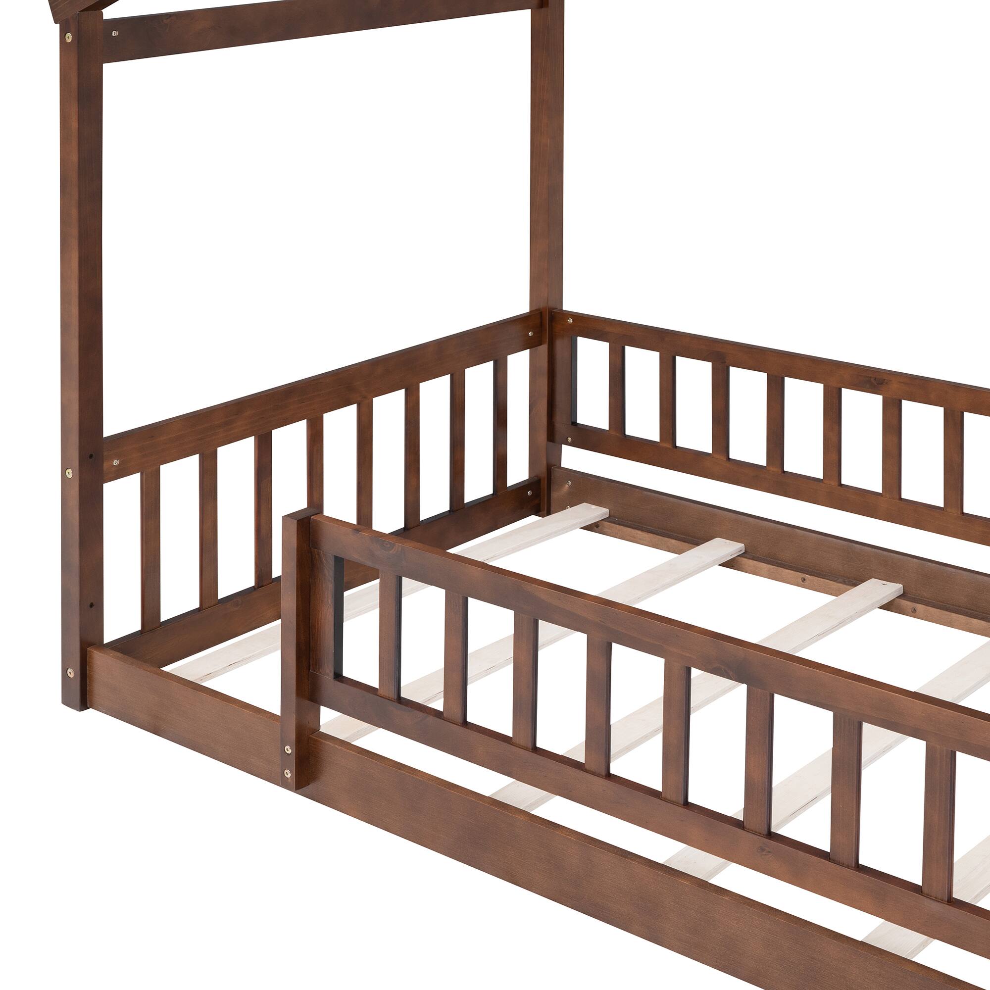 Alt View 5. Whisen - Twin Size Wood House Bed Frame with Fence for Kids and Teens - Walnut.