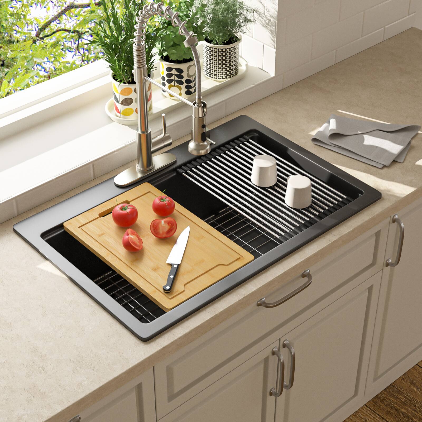 Left. Lordear - 33x22x10 Inch Black Granite Composite Drop In Workstation kitchen Sink Single Bowl Quartz Kitchen Sink - Black.