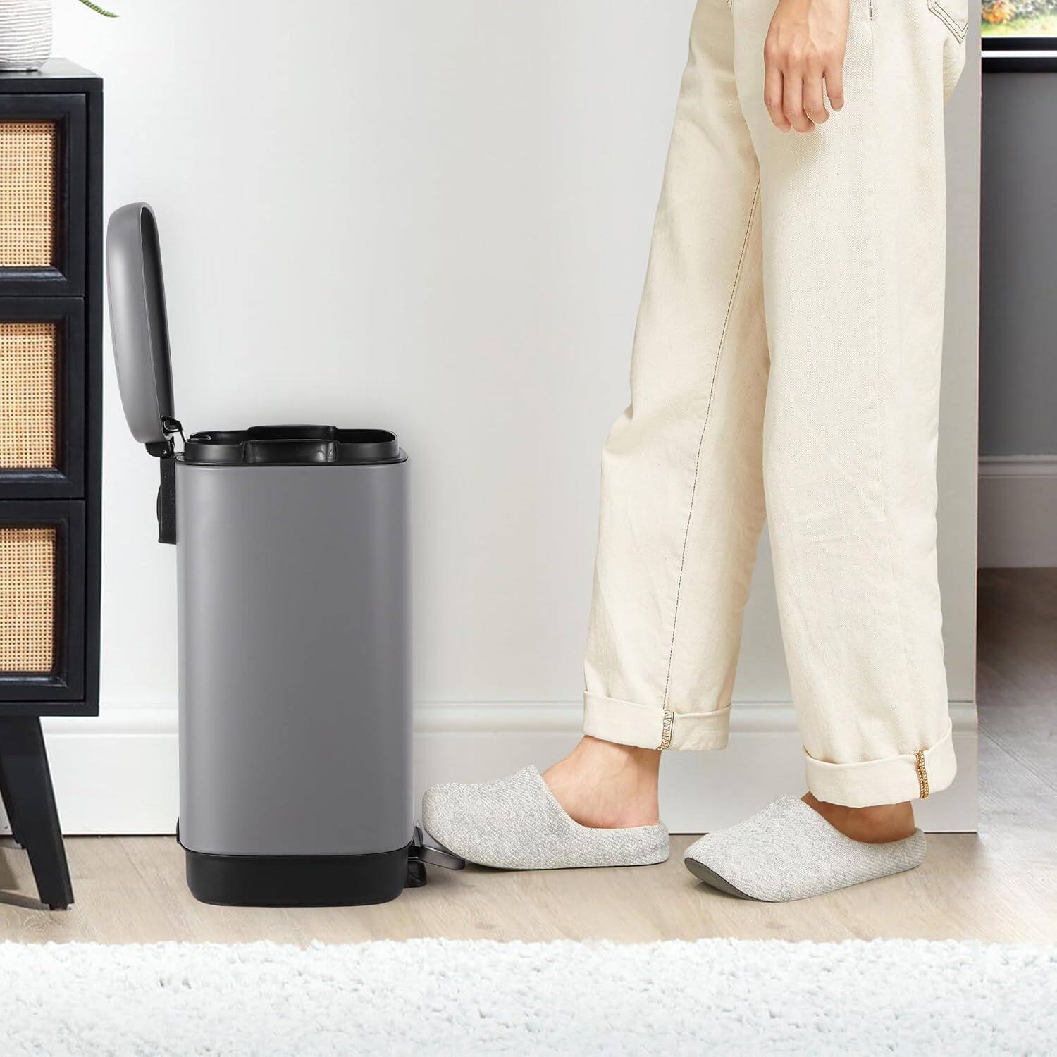 Left. Jojoka - Smudge Resistant Rectangular Trash Can Gray T8 12 Liter Stainless Steel Fingerprint Resistant Surface - Gray.