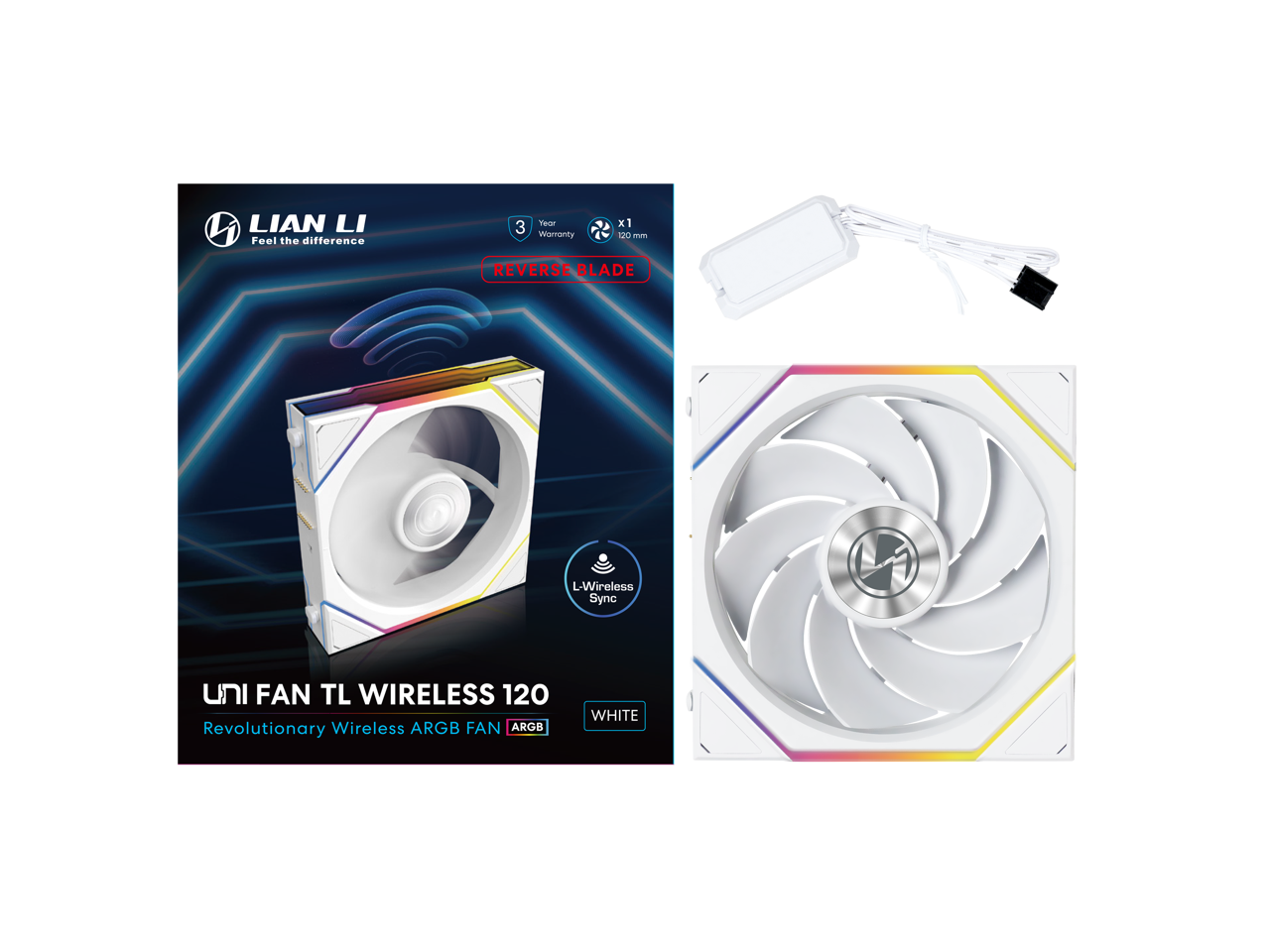 LIAN LI  
Feel the difference  

Year 3 Warranty  
X1 120 mm  

REVERSE BLADE  

L-Wireless Sync  

UNI FAN TL WIRELESS 120  
Revolutionary Wireless ARGB FAN  
ARGB WHITE