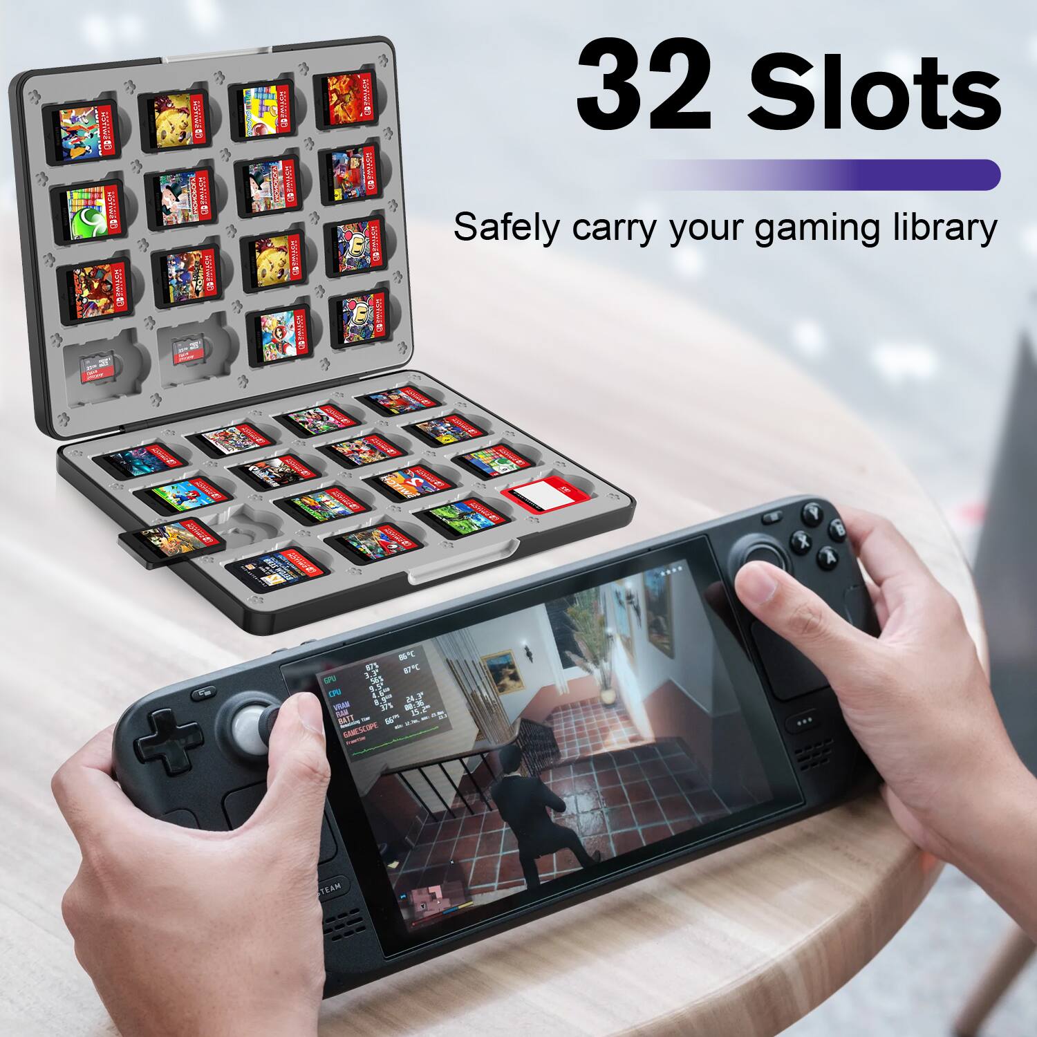 32 Slots  
Safely carry your gaming library