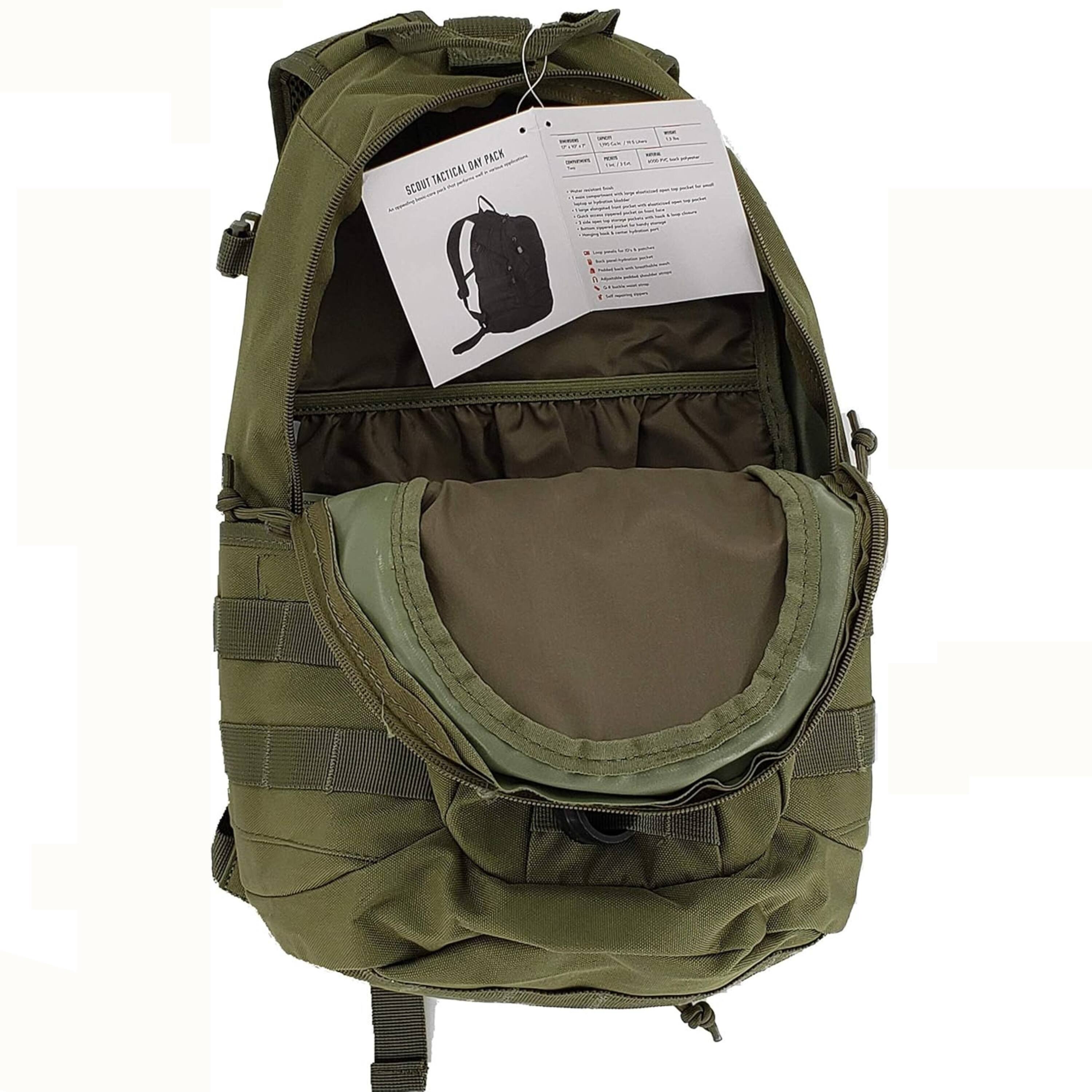 SCOUT TACTICAL DAY PACK

- Dimensions: 20.5" x 12" x 6.5"
- Weight: 2.2 lbs
- Capacity: 25L

Features:
- Durable 600D polyester fabric
- Padded shoulder straps and back panel for comfort
- Multiple compartments for organization
- MOLLE webbing for additional gear attachment
- Water-resistant zippers
- Reflective safety strips

Care Instructions:
- Spot clean with mild soap and water
- Air dry, do not machine wash or bleach

Made in China